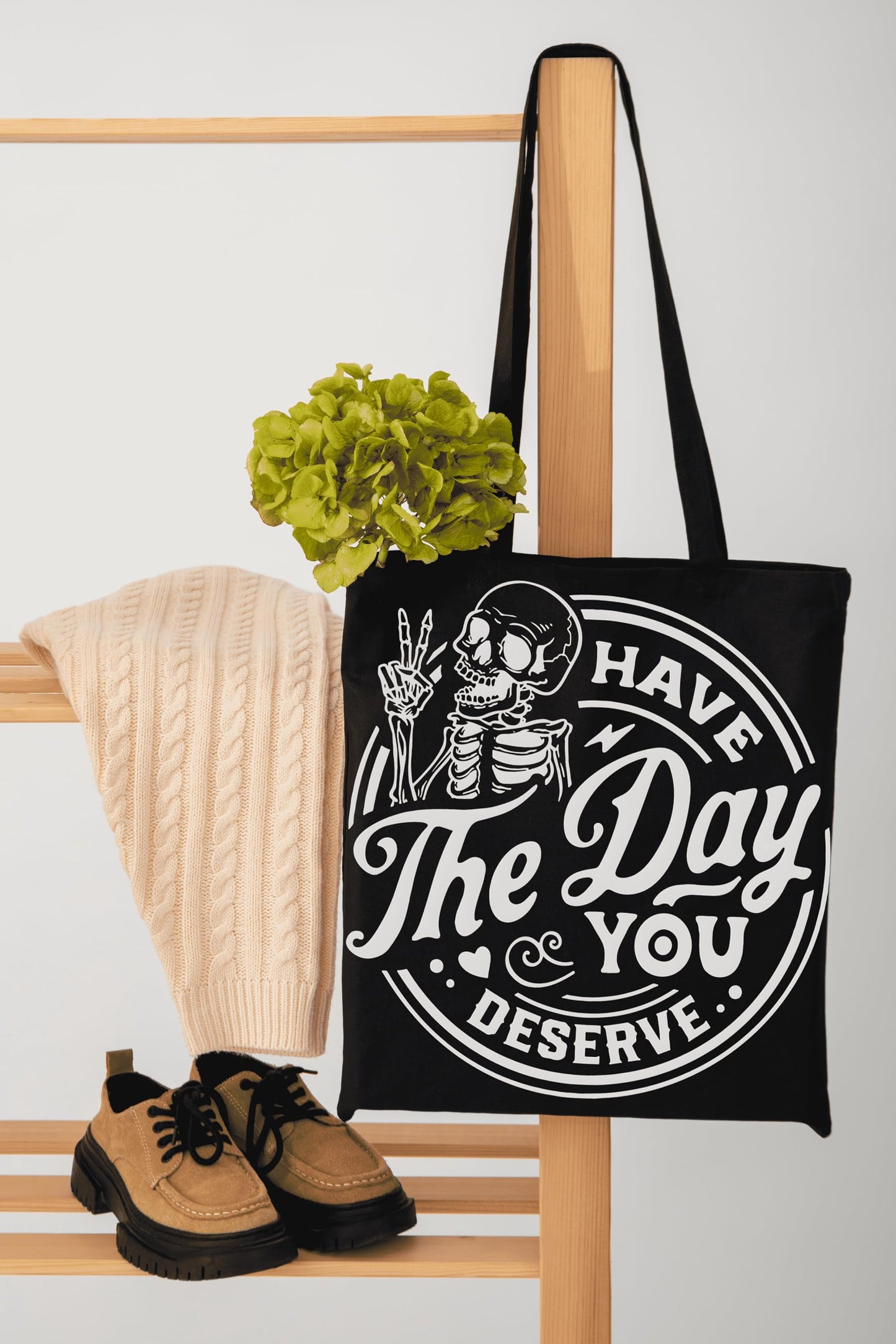 LUIVU 14x15 Inches Black Aesthetic Canvas Tote Bag with Inner Pocket for Women - Have The Day You Deserve Single Sided Skeleton Print