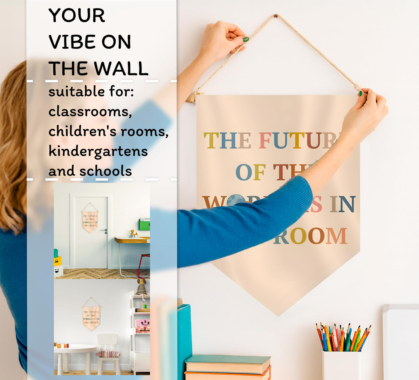 15.4"L x 11.1"W Hanging Pennants with The Future Of The World Is In This Room - Inclusive Classroom Welcome Teacher Decor - Pennant Flag Wall Art Banner for Indoor or Outdoor - Pennant Wall Art Banner