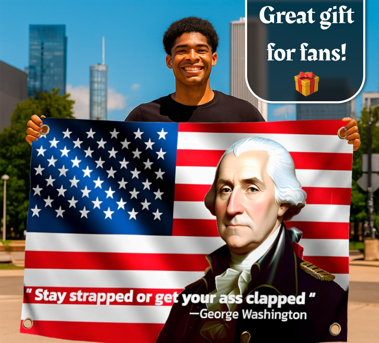 3x5 Feet Washington Stay Strapped or Get Clapped Polyester Flag with 4 Brass Grommets - Cool Funny Single Sided Flags For Room Guys Quote Meme Flags Banner - Wall Flag Pop Art Home Decoration