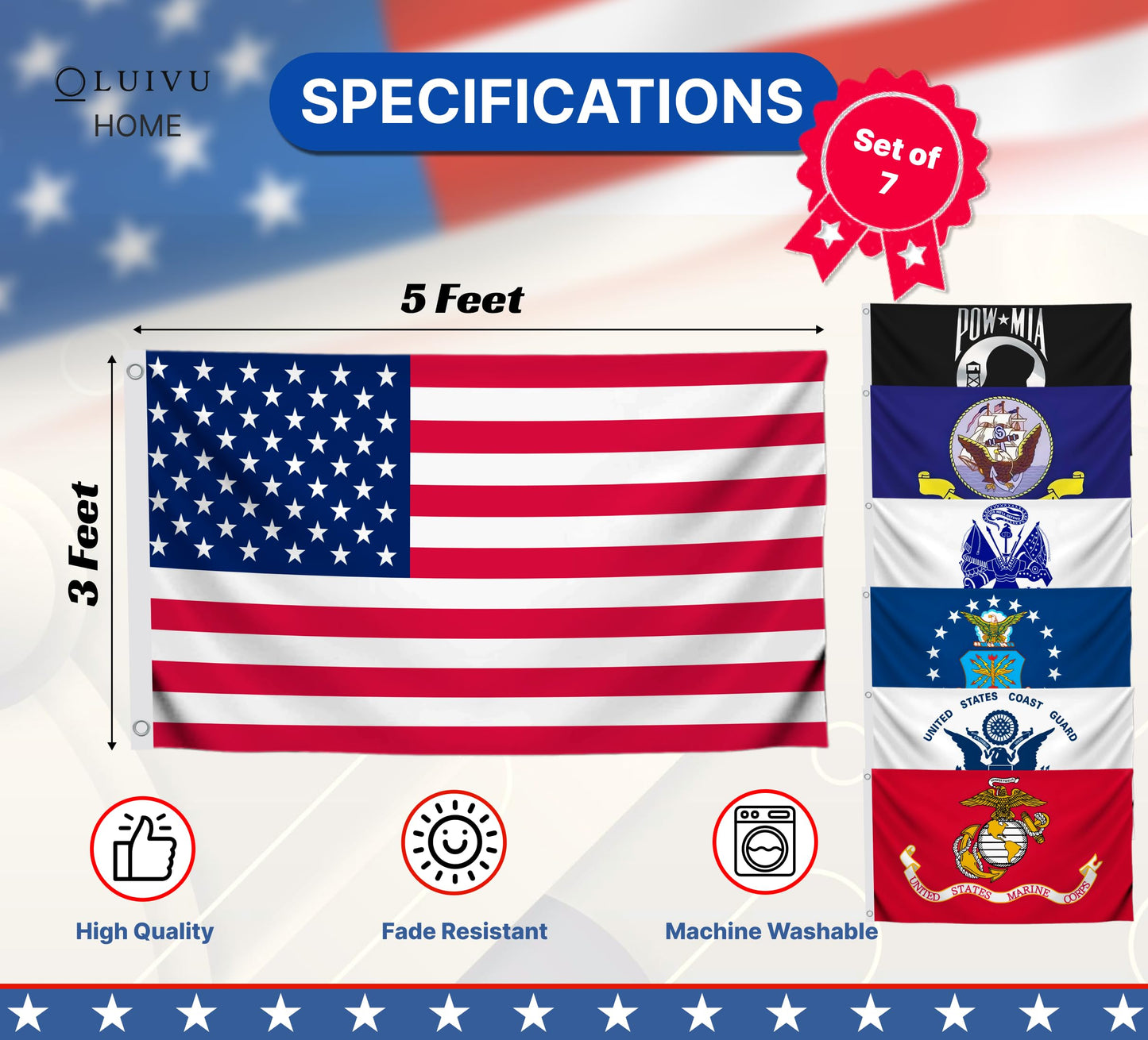 Set of 7 US Military Flags 3 x 5ft - Air Force - Navy - USA - Coast Guard - Marine Corps - Army Space Force - Heavy Duty Veteran Banner Flag with Good