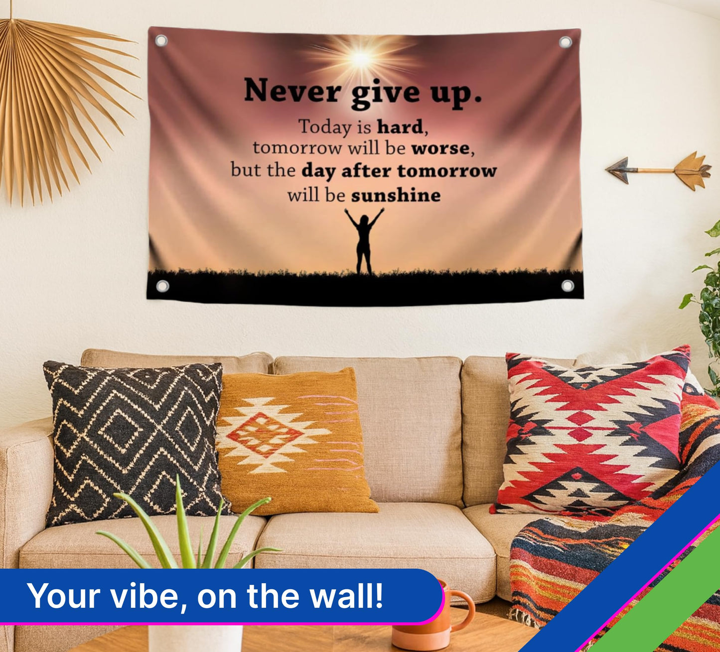 3x5 Feet Inspirational Quoted Polyester Flag Never Give Up with Four Brass Grommets - Inspirational Cool Poster for Room - Single Sided Quote Wall Flag Decoration - Motivational Positive Quotes