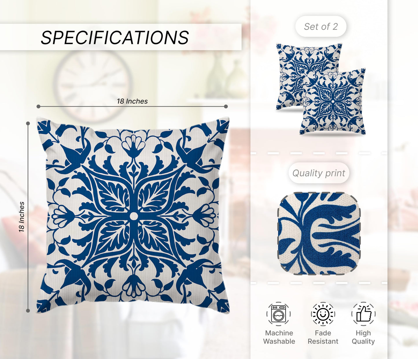 Set of 2 Decorative Throw Pillow Covers 18x18 Inches - Navy Blue Boho Pillow Covers - Bohemian Ethnic Carpet Pattern Design - Decorative Throw Pillows in Linen Blue Print Farmhouse
