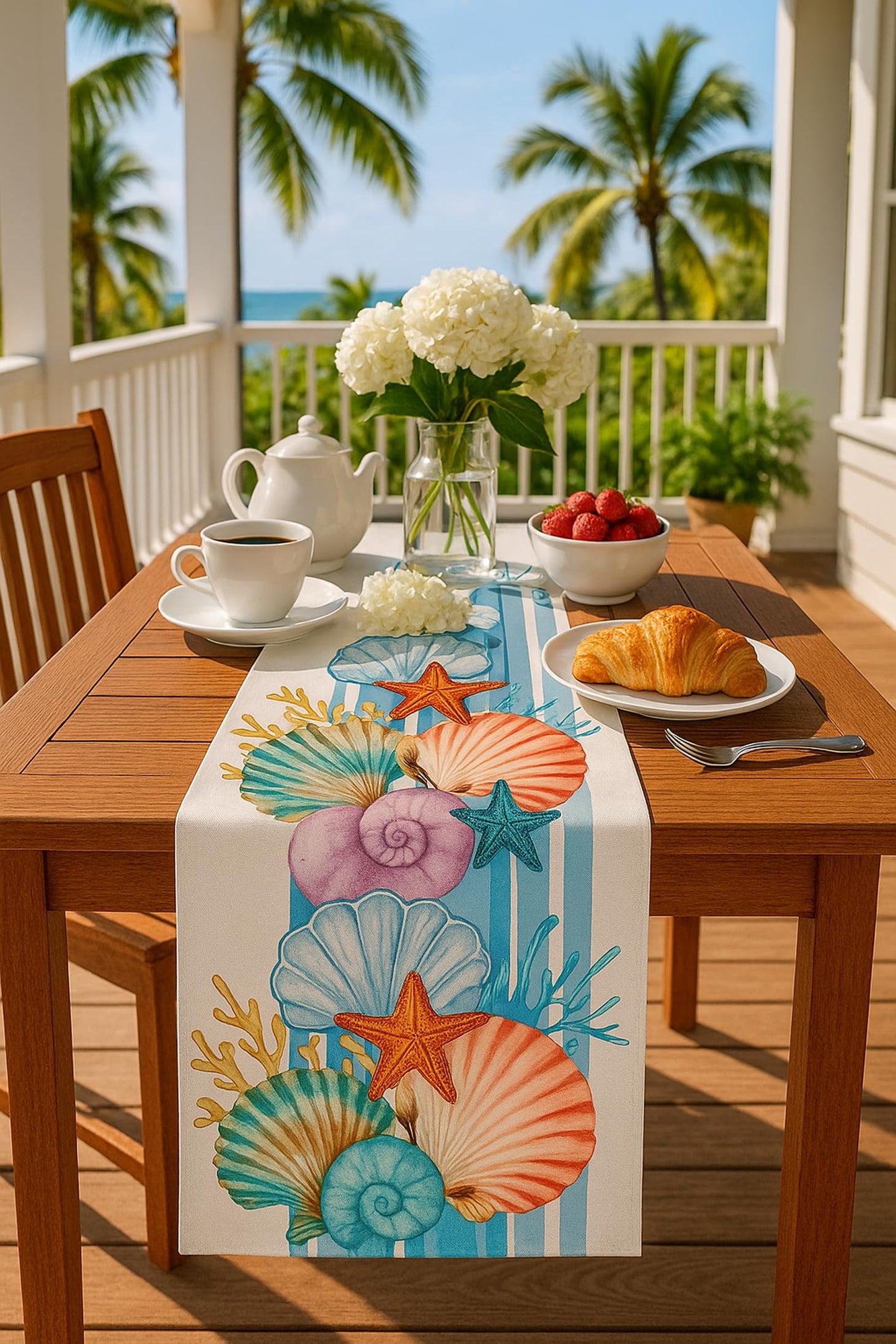 13x72 Inches Sea Shell Starfish Summer Polyester Table Runner - Spring Ocean Kitchen Dining Table Decoration for Home Party Decor - Dresser Scarves