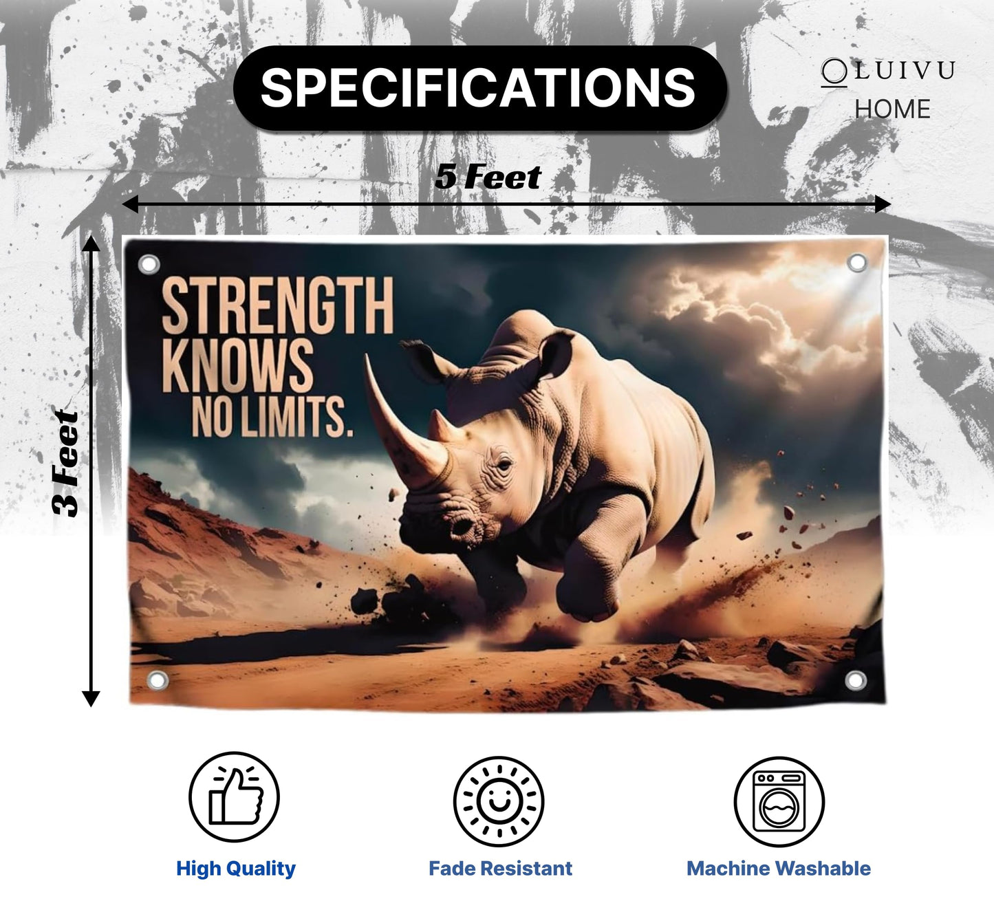 3x5 Feet Motivation Quote Polyester Flag "Strength Knows No Limit" with Four Brass Grommets - Rhinoceros Inspirational Banner for Men and Women - Motivational Gym Banner for Wall Decoration