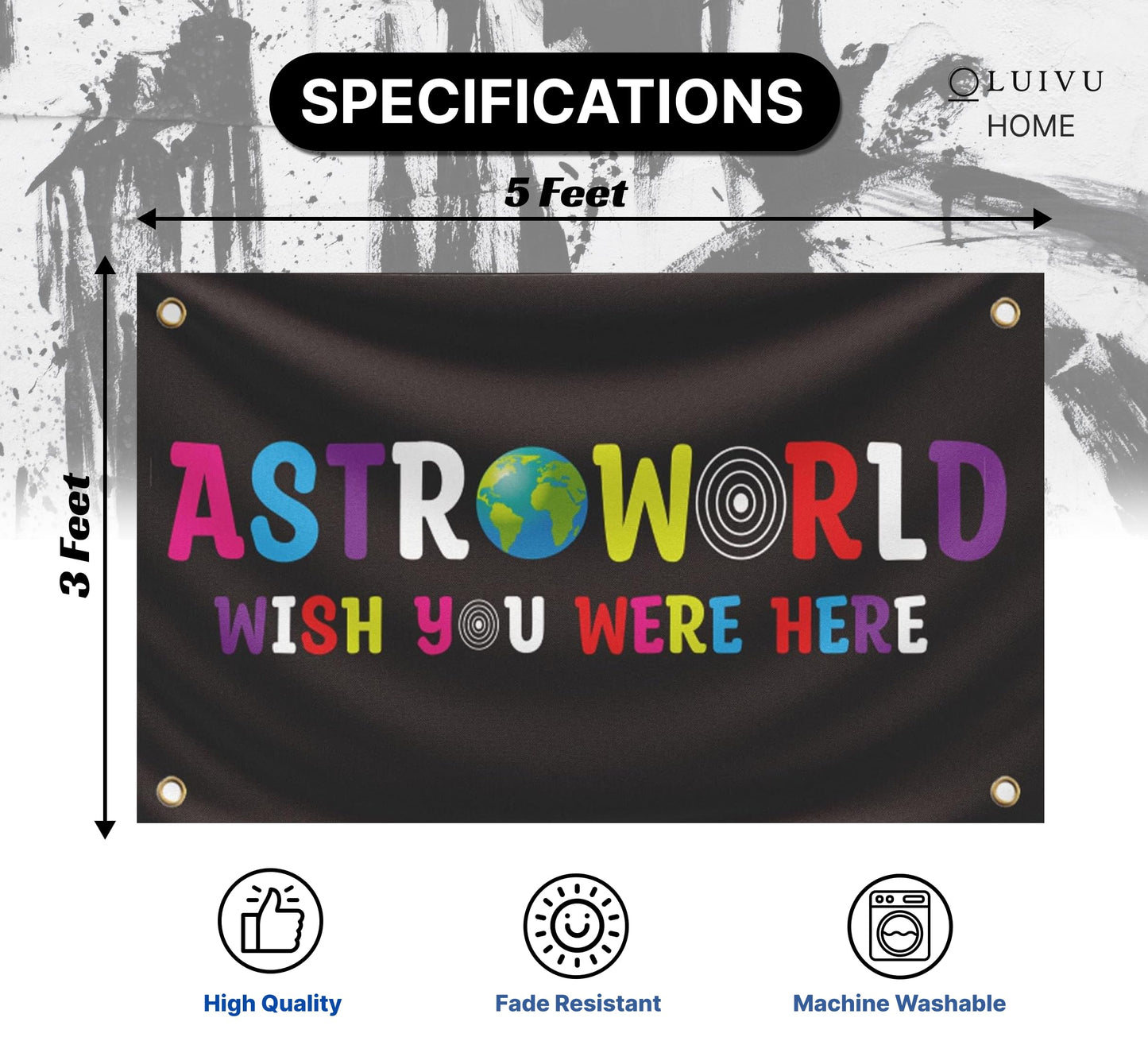 3x5 Ft Astroworld Polyester Flag Black - Man Cave Wall Single Sided Flag with 4 Grommets for College Dorm Room Decor - Wish You Were Here Tapestry - Wall Hanging Black Home Decorations for Bedroom