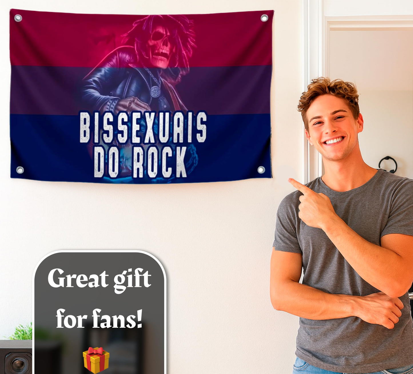 3x5 Feet Tapestry Flag Bissexuals Do Rock with Four Brass Grommets - Polyester Skeleton Musical Banners Can Be Used Indoor or Outdoor - Funny LGBT College Dorm Flags for Girls