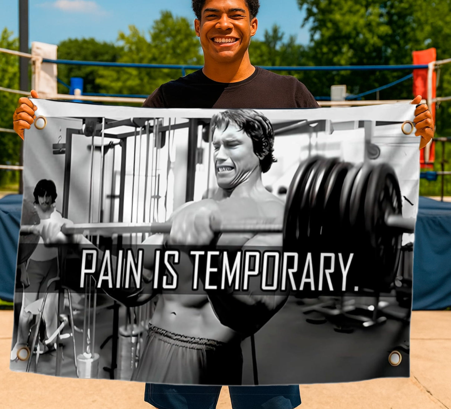 3x5 Ft Schwarzenegger Polyester Flag with 4 Grommets - Pain is Temporary Motivational Gym Single Sided Flags - Inspire Your Workout Banner - Fitness Wall Decor for Gym - Stay Motivated Cool Art