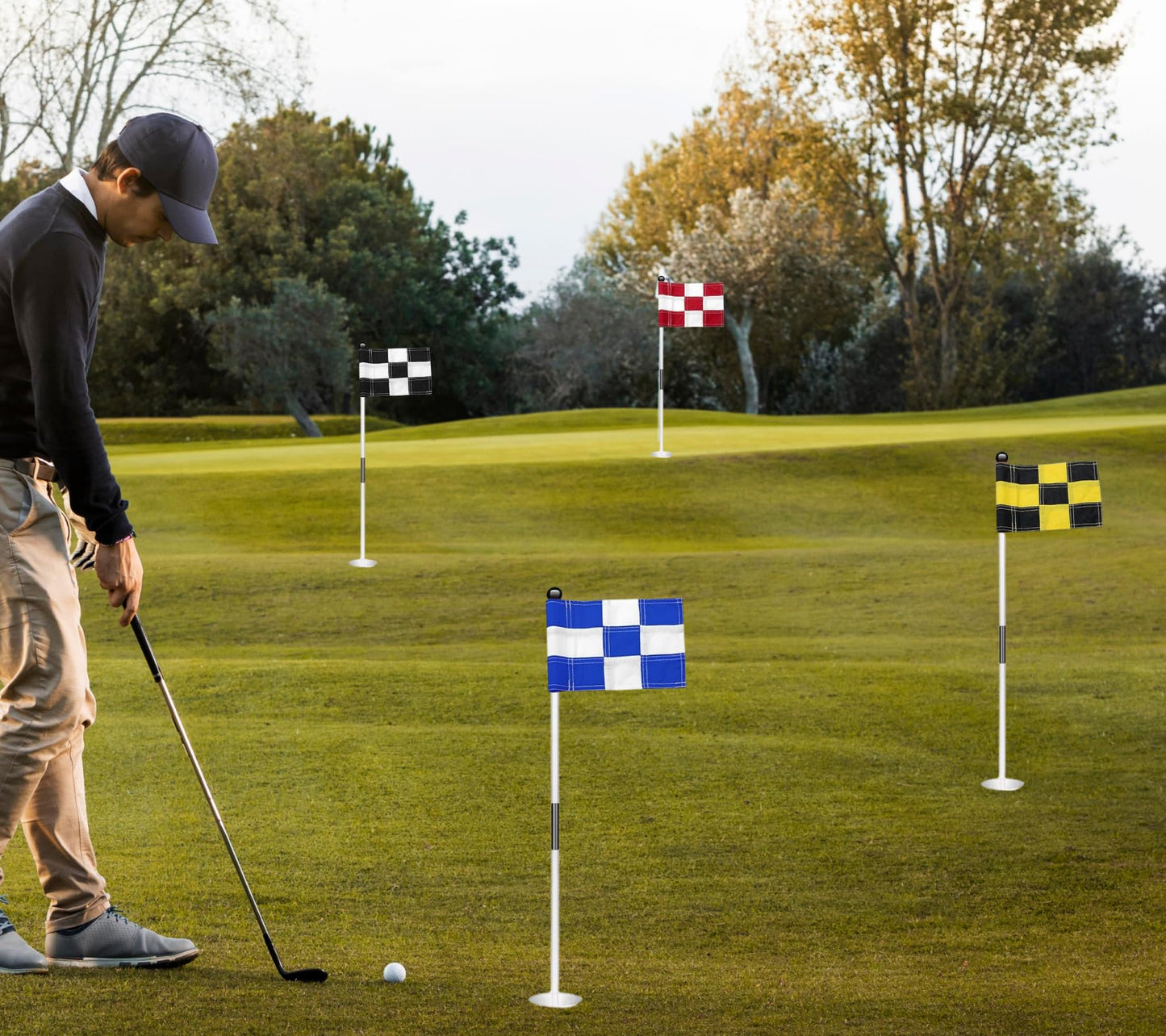 Set of 4 Double Sided 8x6 Inches Checkered Golf Polyester Flag - Mini Practice Putting Green Flags for Yard in 420D Nylon - Small Banner Checkered with Tube Inserted - Standard Golf Flag for Backyard