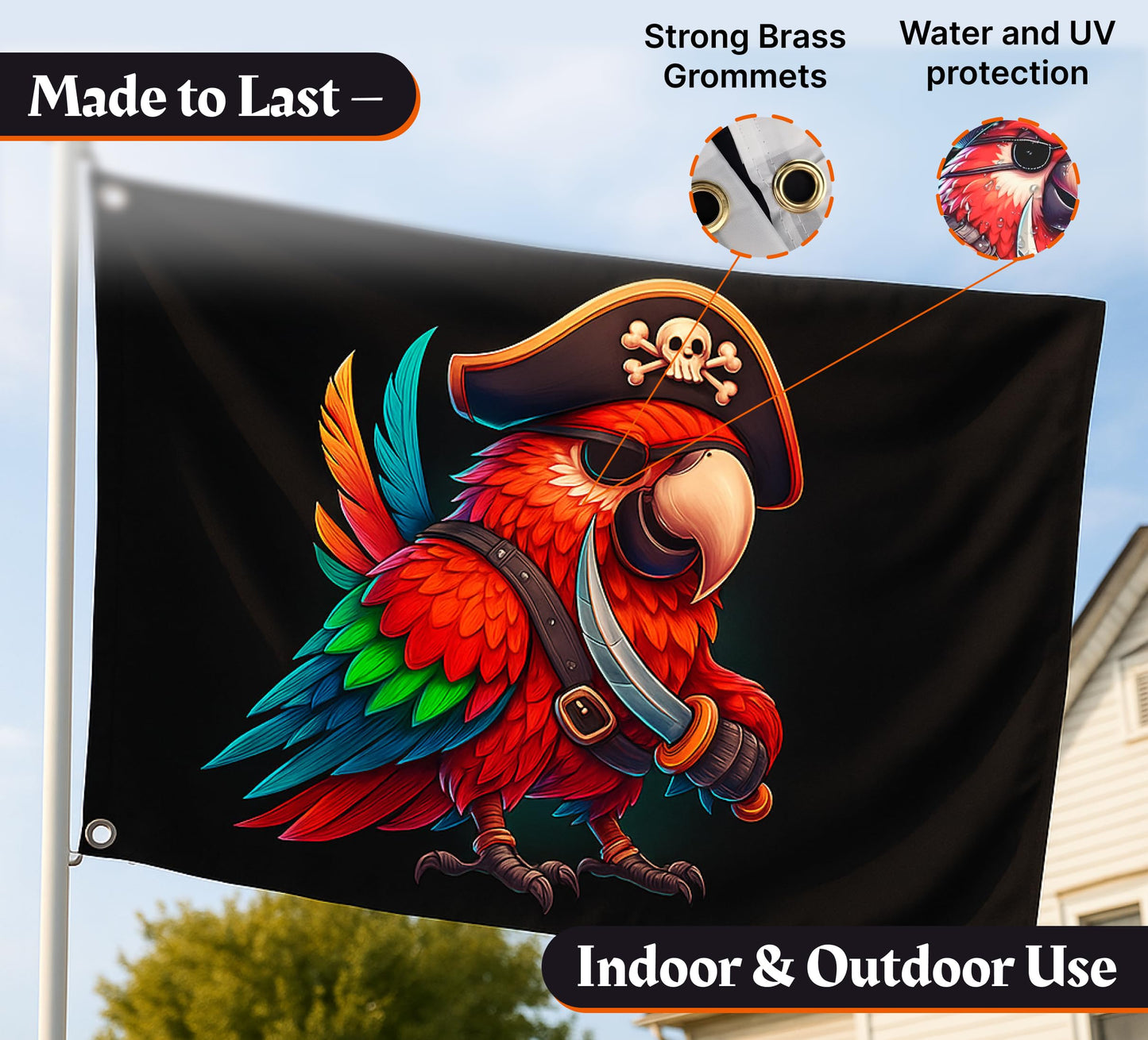 3x5 Ft Pirate Parrot Polyester Flag with 2 Grommets - Garden Yard Porch Patio Banner for Decor - Pirate Parrot Single Sided Flag or Black Boat Flags or Banners Man Cave Parrot - Outside Pirate Banner