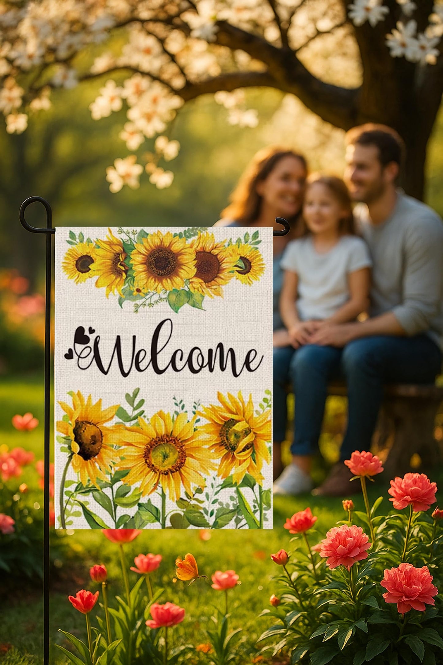 Double Sided Summer Garden Flag - Seasonal Large Outdoor Yard Flags of Burlap - Banner Welcome Summer or Spring - Outside Garden Yard Decorations - Welcome Flower Summer Outdoors Flag