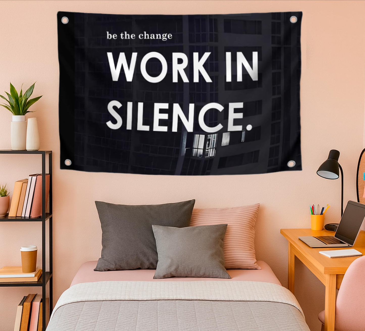 3x5 Feet Motivational Quoted Polyester Flag Be The Change Work In Silence with Four Brass Grommets - Black Posters for Man Wall Decor - Inspirational Entrepreneur Banner - Improvement Decor for Home