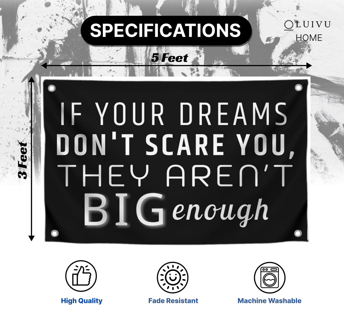 3x5 Ft Single Sided Motivational Quote Black Polyester Flag If Your Dreams Don't Scare You, They Aren't Big Enought with Four Grommets - Inspirational Sports Banner Wall Decor Positive Sayings