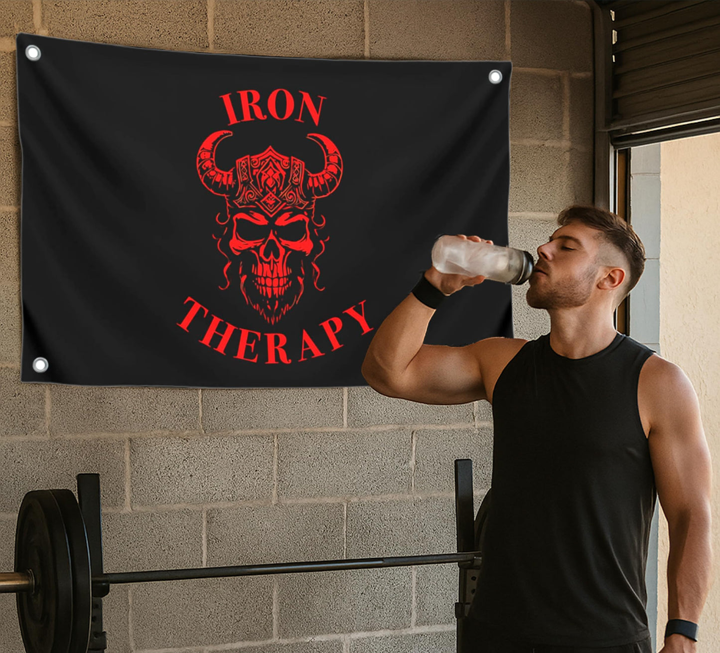 3x5 Feet Large Wall Flag With Quote "Iron Therapy" with Four Brass Grommets - Skull Gym Tapestry or Home Gym Decor - Inspirational Home Leadership Quotes - Wall Flag for Indoor and Outdoor