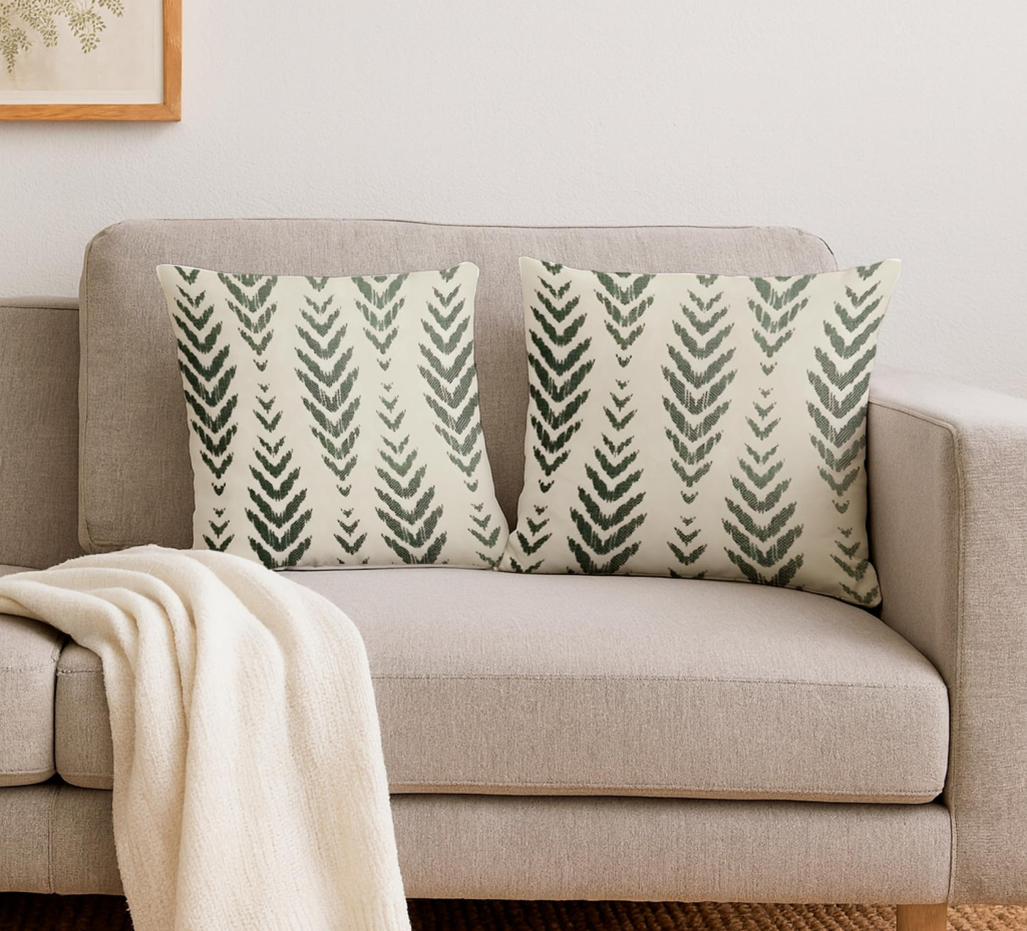 Set of 2 Decorative Throw Pillow Covers 18x18 Inches - Sage Green Boho Pillow Covers - Bohemian Ethnic Geometric Herringbone Print - Decorative Pillowcase Square in Linen for Farmhouse