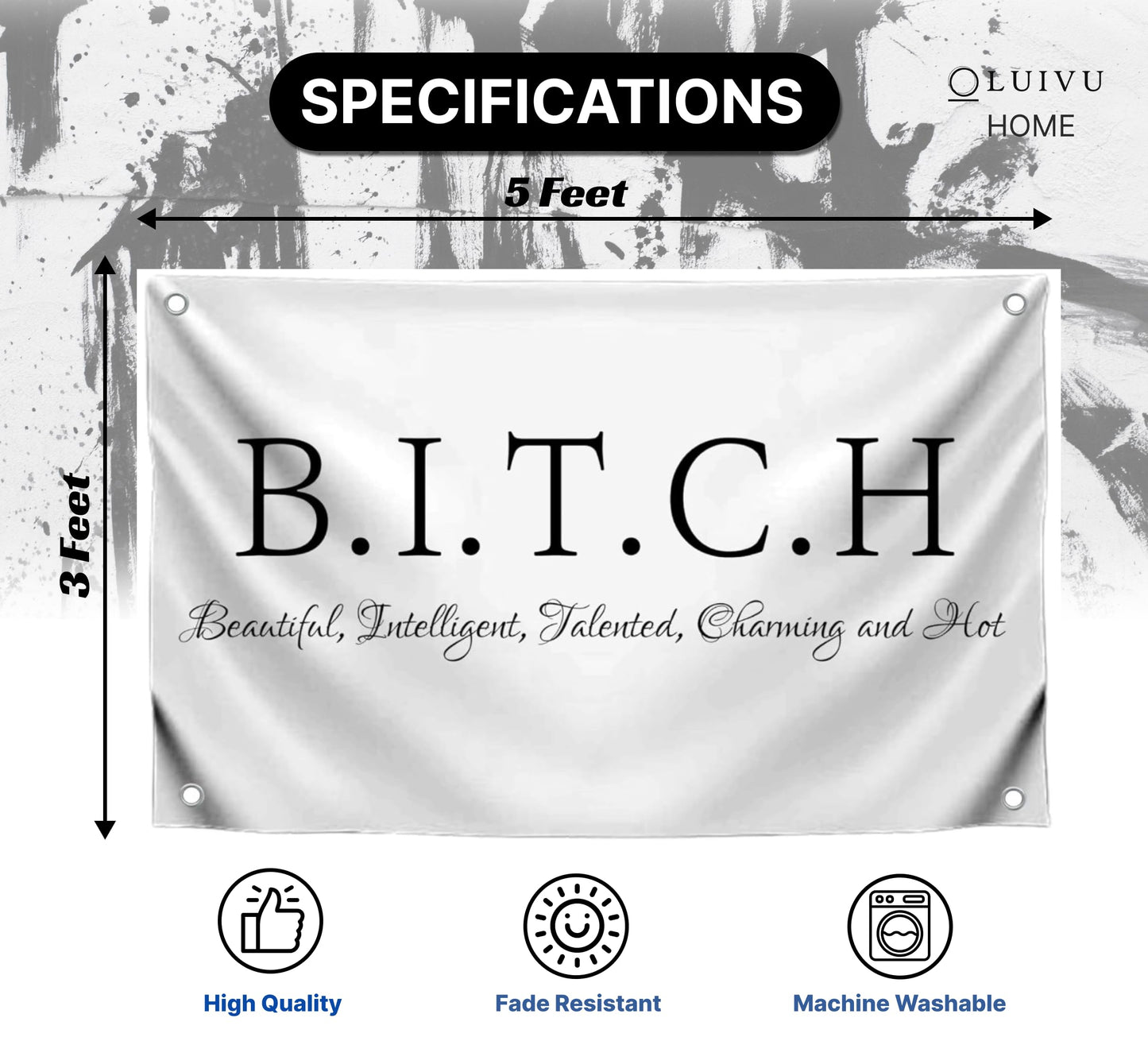 3x5 Ft Single Sided Tapestry B.I.T.C.H Polyester Flags with 4 Grommets - Banner on Beautiful Intelligent Talented Charming and Hot Wall Decor - Flags for Bedroom Girls or Tapestrie for College Dorm