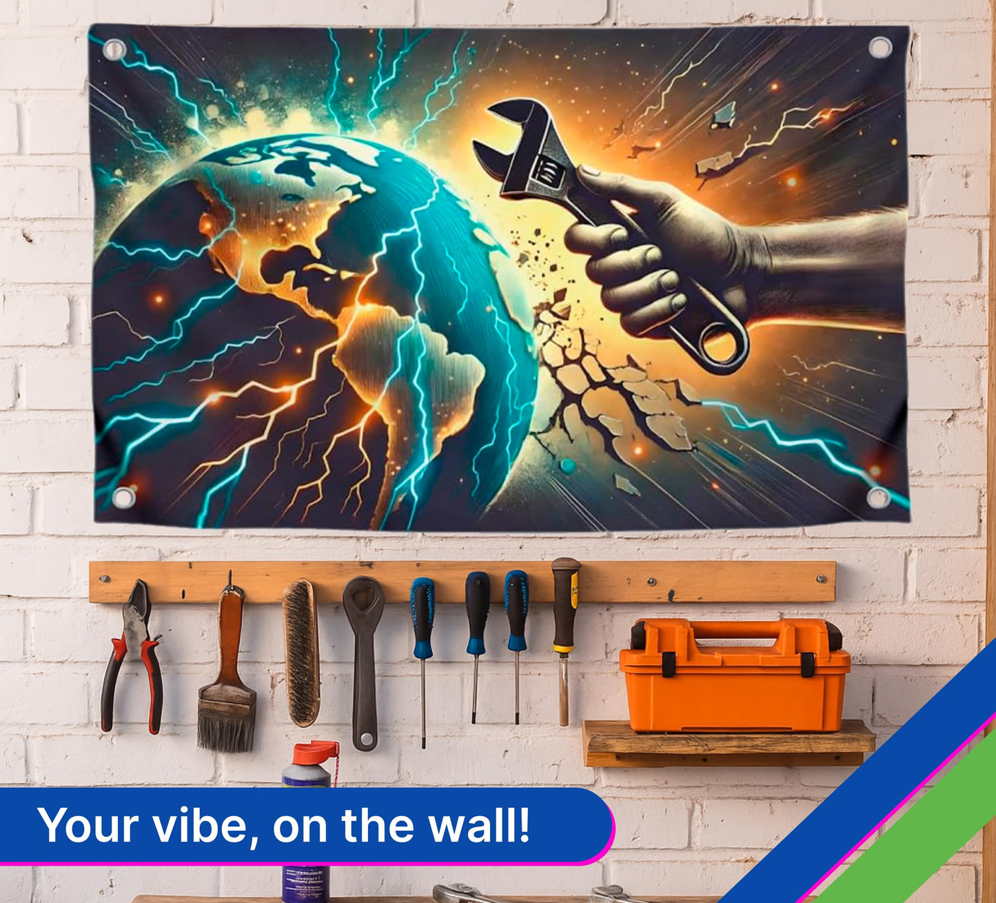 3x5 Feet Polyester Flags with 4 Brass Grommets - Fixing Everything for Wall Decoration - Single Sided Flag Illustration of a Tool and Earth for Indoor or Outdoor - Motivational and Unique Design