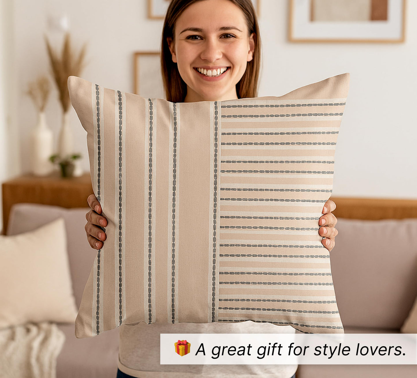 Set of 2 Decorative Throw Pillow Covers 18x18 Inches - Decorative Farmhouse in Linen Throw Pillow Case - Boho Textured Pillow Case - Beige with White and Gray Stripe - Cushion Cover for Sofa or Couch