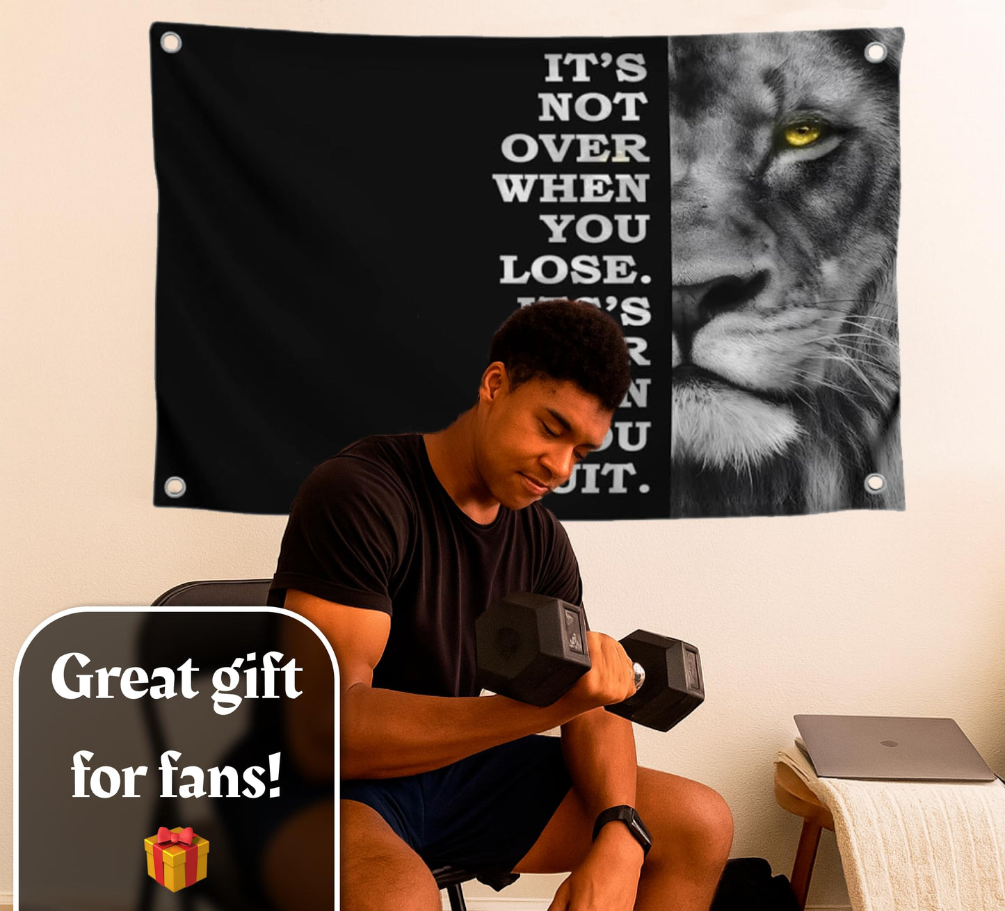 3x5 Feet Motivational Lion Wall Art with Four Brass Grommets - Cool Motivational Inspirational Poster for Men and Woomen - Quote Flags Its Not Over When You Lose. Its Over When You Quit