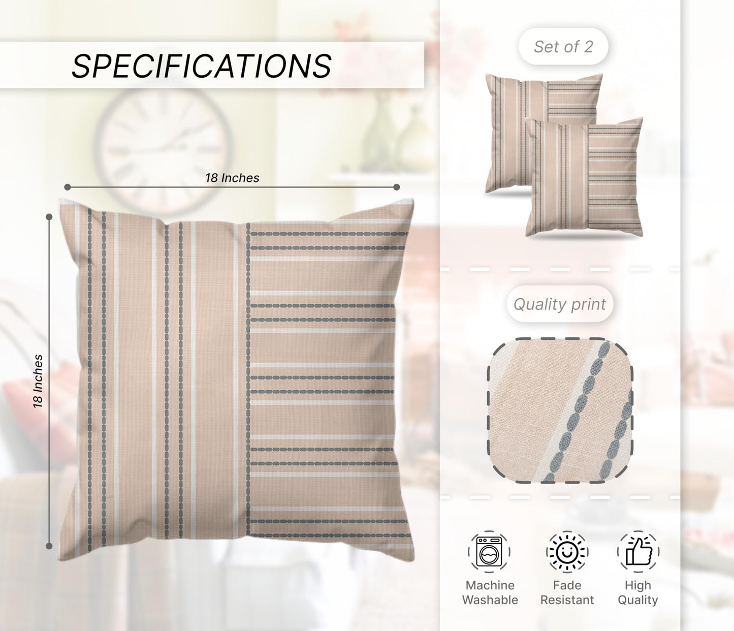 Set of 2 Decorative Throw Pillow Covers 18x18 Inches - Decorative Farmhouse in Linen Throw Pillow Case - Boho Textured Pillow Case - Beige with White and Gray Stripe - Cushion Cover for Sofa or Couch