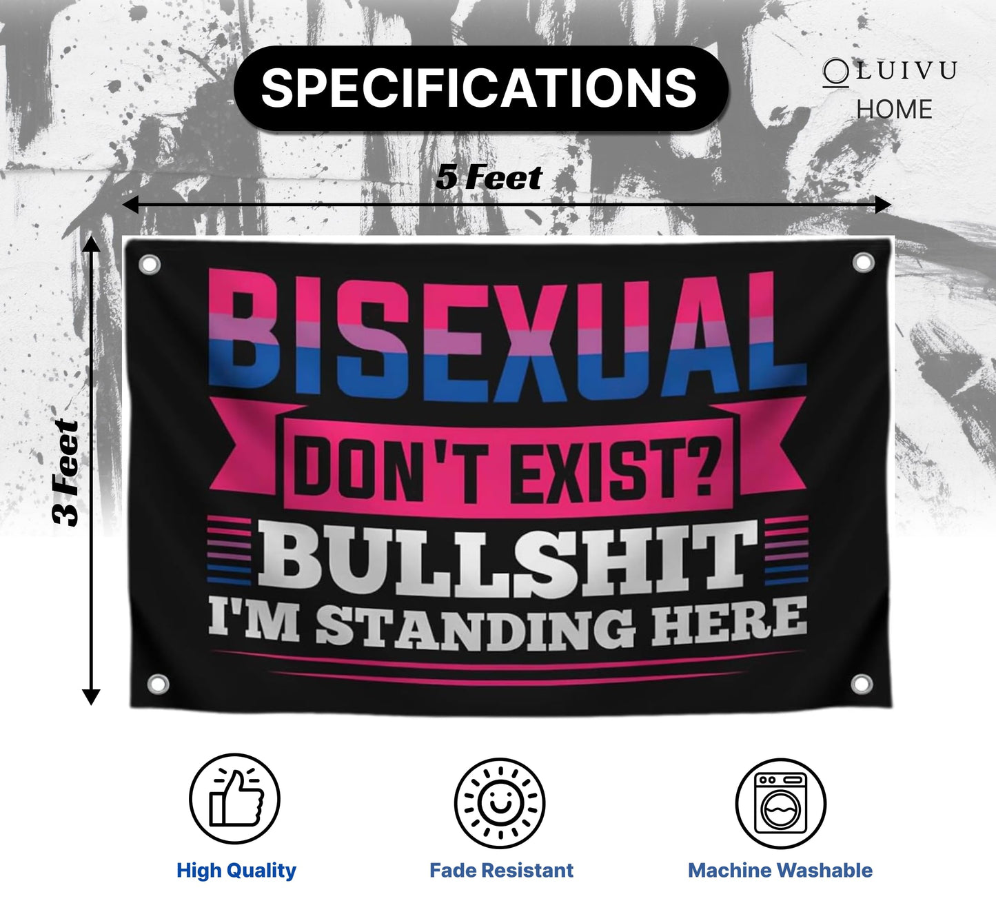 3x5 Feet LGBT Quote Polyester Flag "Bisexual Don't Exist? Bullshit I'm Standing Here" with Four Brass Grommets - Bisexual Banner Tapestry - Single Sided Funny Wall Flags for Decoration College Dorm