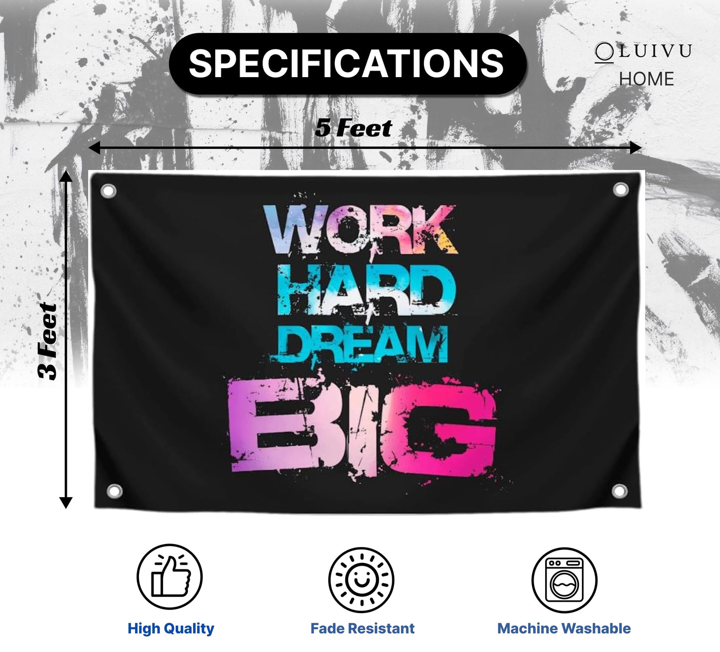 3x5 Feet Black Motivation Quoted Polyester Flag "Work Hard Dream Big" with Four Brass Grommets - Large Motivational Quote Wall Flag for Home Gym Decor - Banner Room Decor Aesthetic for Ofiice