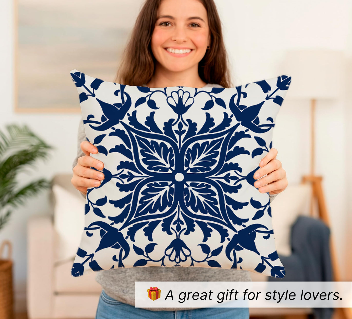 Set of 2 Decorative Throw Pillow Covers 18x18 Inches - Navy Blue Boho Pillow Covers - Bohemian Ethnic Carpet Pattern Design - Decorative Throw Pillows in Linen Blue Print Farmhouse