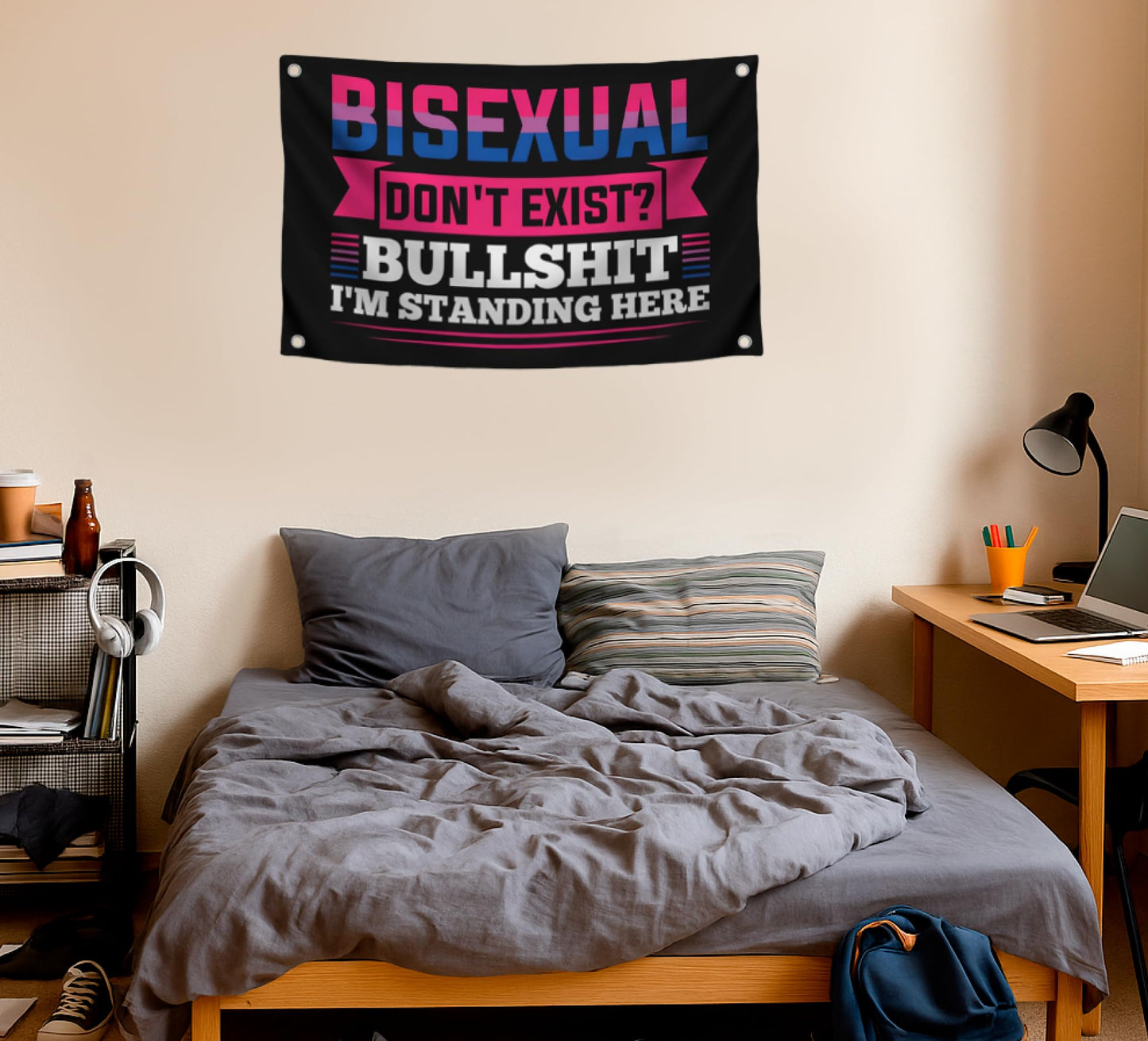 3x5 Feet LGBT Quote Polyester Flag "Bisexual Don't Exist? Bullshit I'm Standing Here" with Four Brass Grommets - Bisexual Banner Tapestry - Single Sided Funny Wall Flags for Decoration College Dorm