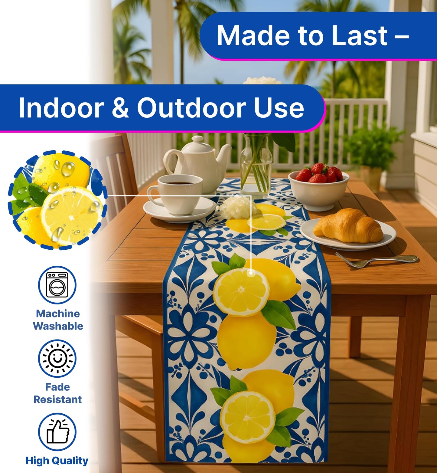 13X72 Inch Blue Polyester Tiles Runner - Italian Lemons Summer Table Runner Decorations for Dinning - Kitchen Dresser Decor for Party Holiday
