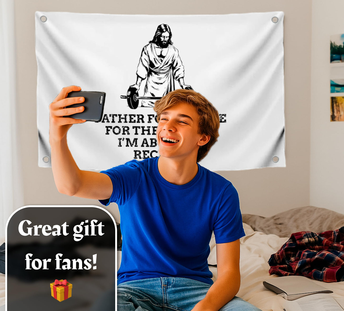 3x5 Ft Jesus Quote Polyester Flag "Father Forgive Me For These Gains I’m About To Receive" with 4 Grommets - Motivational Christian Wall Single Sided Banner - Cool Jesus Flags for Decor Boys Room
