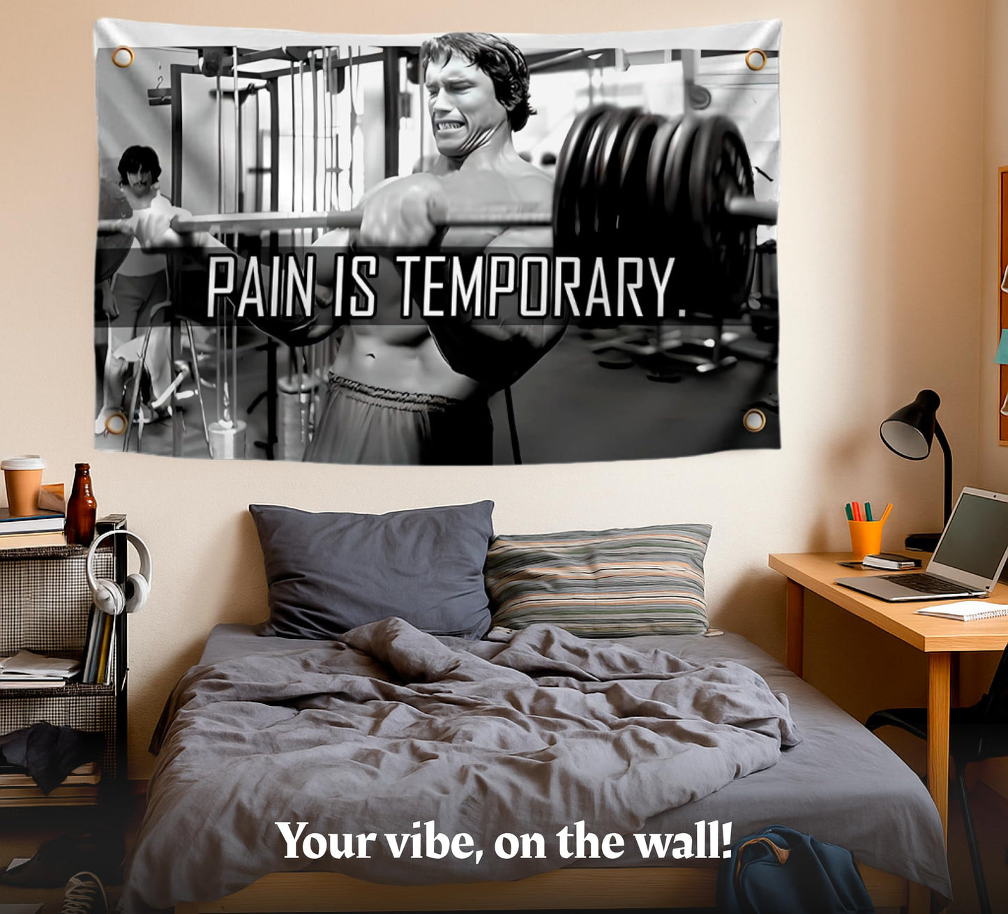 3x5 Ft Schwarzenegger Polyester Flag with 4 Grommets - Pain is Temporary Motivational Gym Single Sided Flags - Inspire Your Workout Banner - Fitness Wall Decor for Gym - Stay Motivated Cool Art