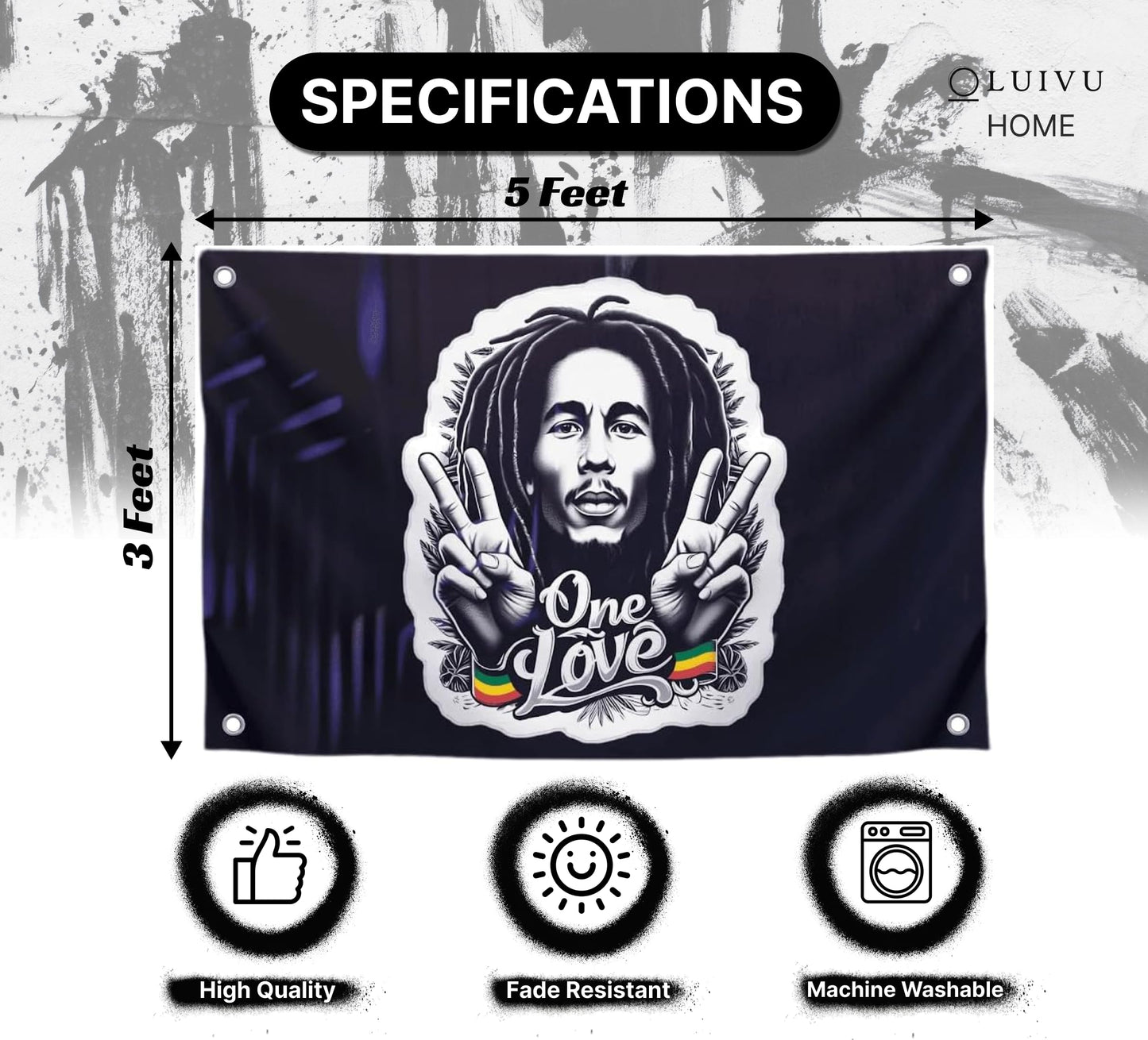 3x5 Feet Marley Wall Hanging Tapestry Flag with One Love with Four Brass Grommets - Aesthetic Rasta Stoners Tapastry - Hippie Decorations Posters for Jamaican Party - Polyester Flag with Men