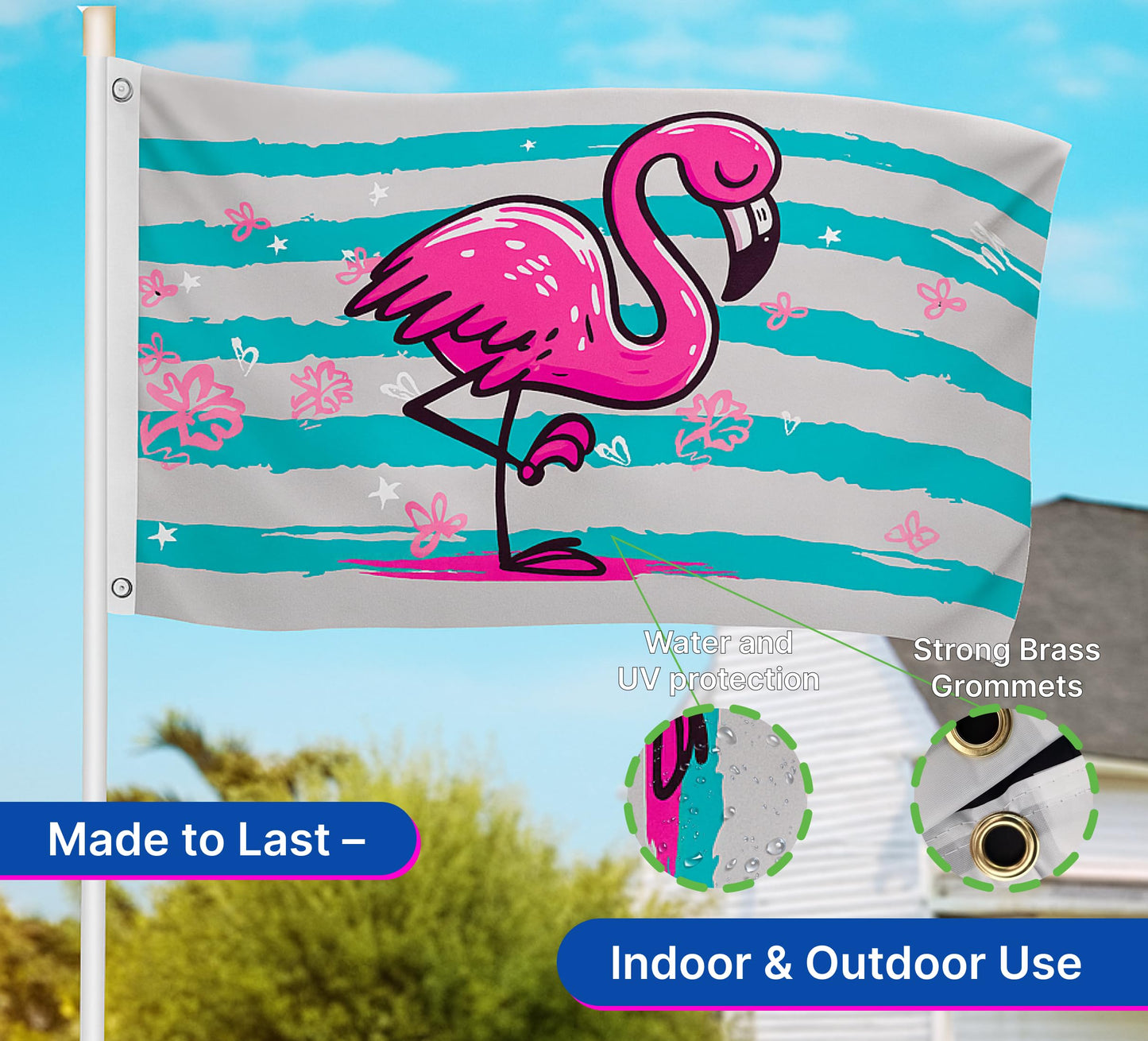 3x5 Feet Pink Flamingo Flag with 2 Brass Grommets - Double Sided Banner Tropical Bird Flower Stripe Flags - Big Flag Outdoor Indoor - Summer Holiday Yard Decoration - Polyester Yard Banner in Flamingo