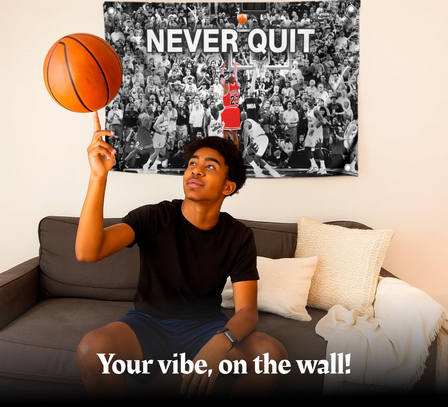 3x5 Feet Never Quit Polyester Flag with Four Brass Grommets - Inspirational Workout Fitness Home Gym Wall Decor - Cool Gym Motivation Basketball Single Sided Poster - Motivational Wall Art Decorations