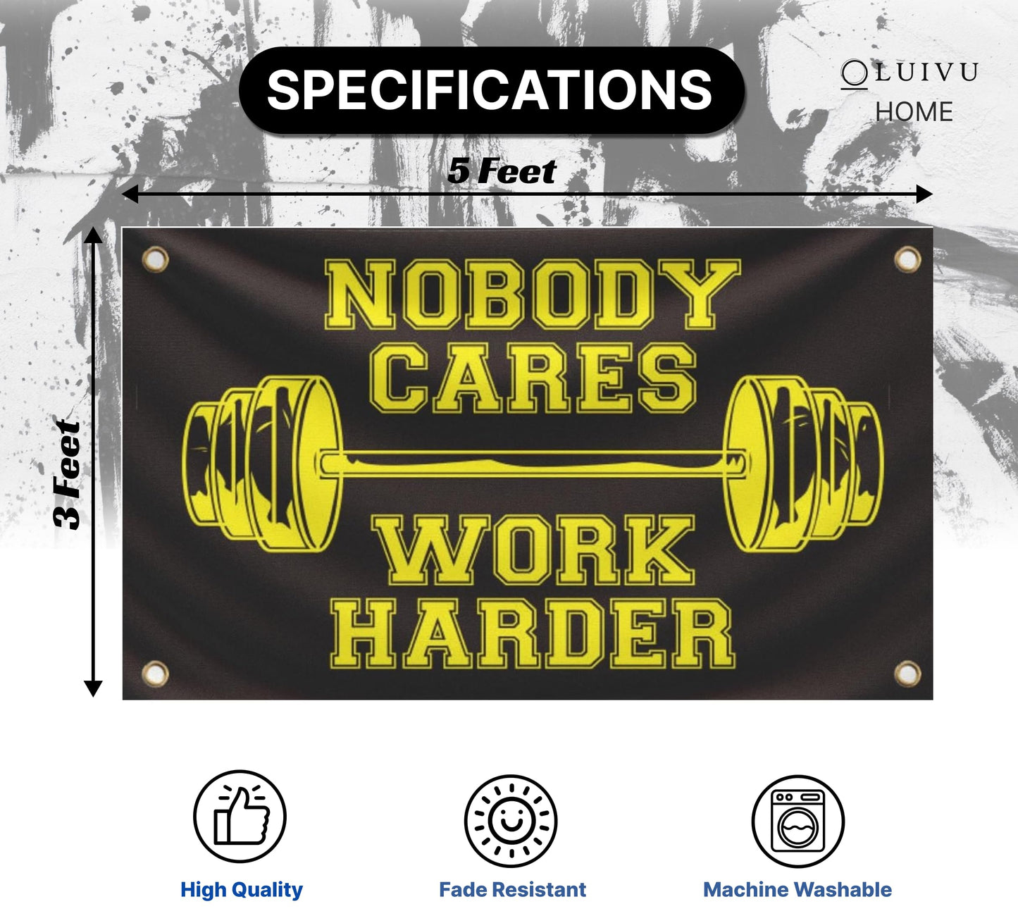 3x5 Feet Nobody Cares Work Harder Polyester Flag with 4 Grommets - Fade Resistant Single Sided Flag for Yard - Stay Motivated with Cool Art - Inspire Your Workout Banner - Fitnes Wall Decor for Gym