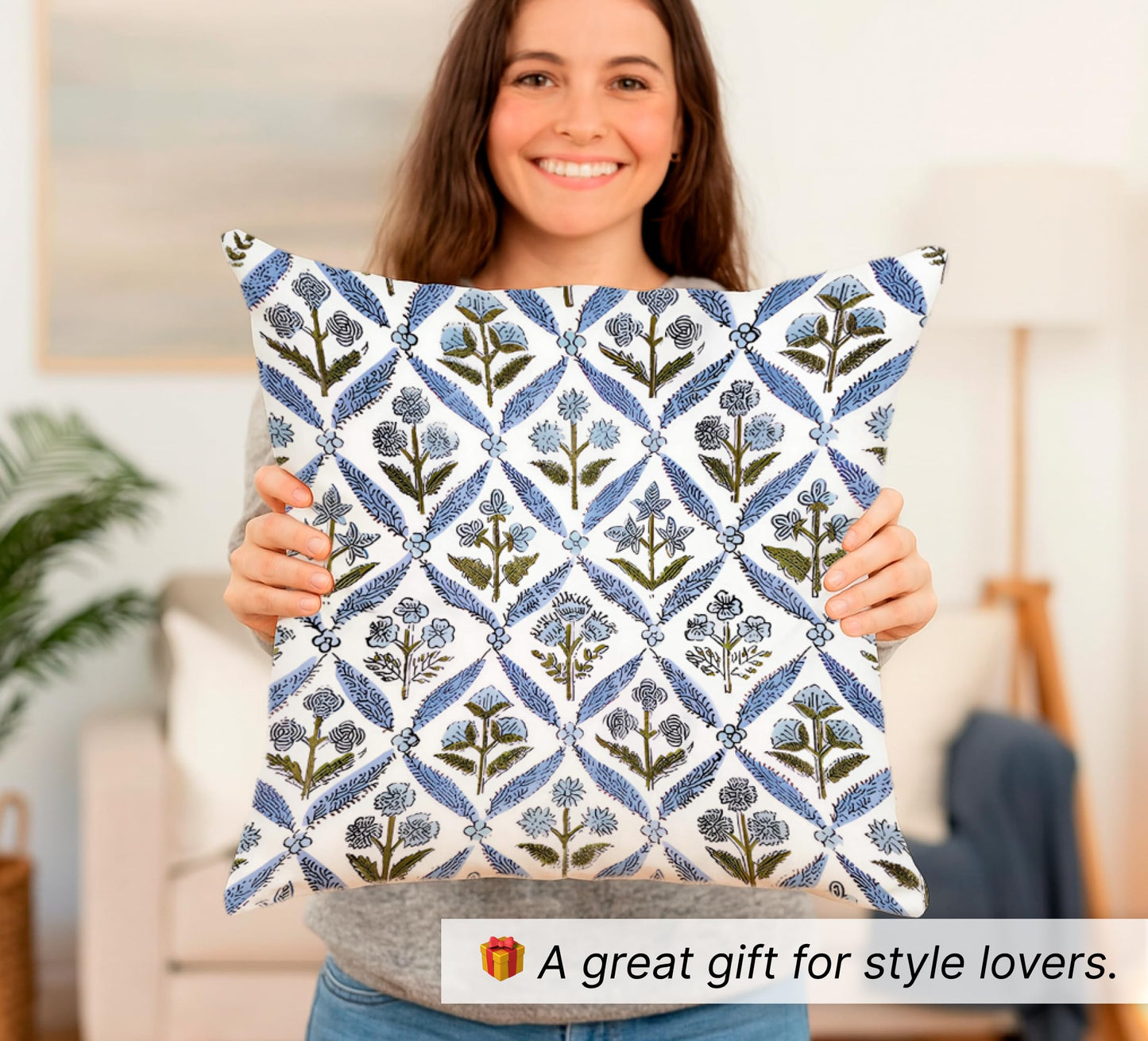 Set of 2 Decorative Throw Spring Pillow Covers 20x20 Inches - Light Steel Blue Block Print Throw Pillow Covers in Linen - Decorative Couch Pillows for Living Room - Chic Boho Cute Pillows Covers