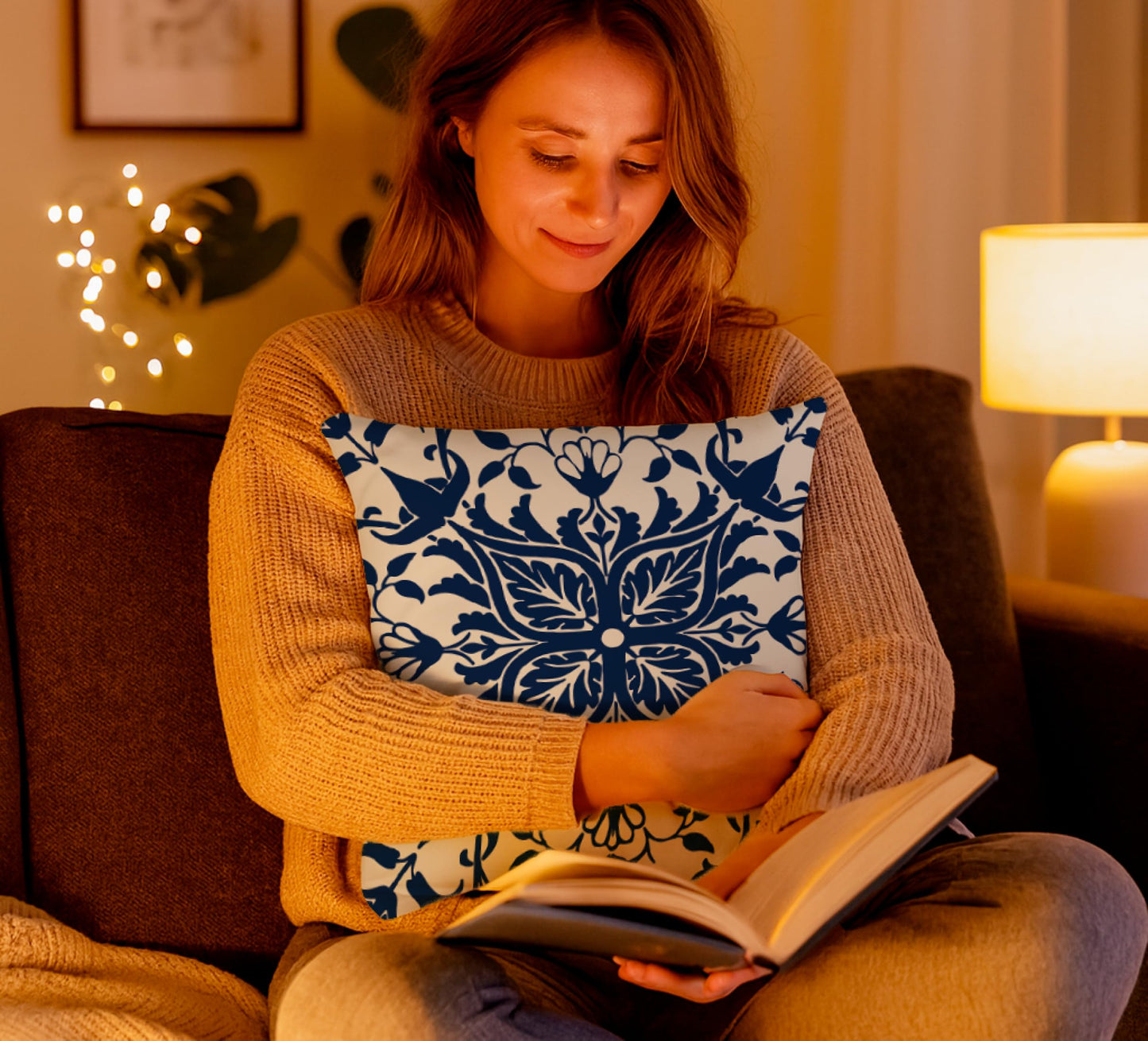 Set of 2 Decorative Throw Pillow Covers 18x18 Inches - Navy Blue Boho Pillow Covers - Bohemian Ethnic Carpet Pattern Design - Decorative Throw Pillows in Linen Blue Print Farmhouse
