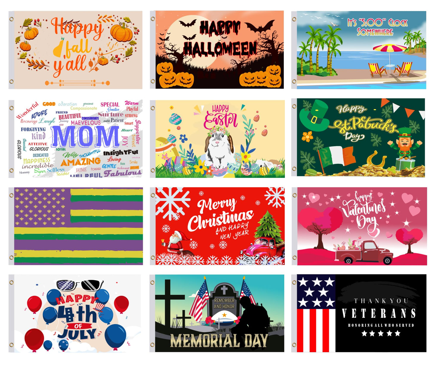 Set 12X Seasonal Polyester Flags 3x5 Feet - Spring Summer Fall Winter Halloween Christmas Outdoor Single Sided Flag - Seasonal Flags with 2 Brass Grommets Decor - Holiday Garden Flag for Outside