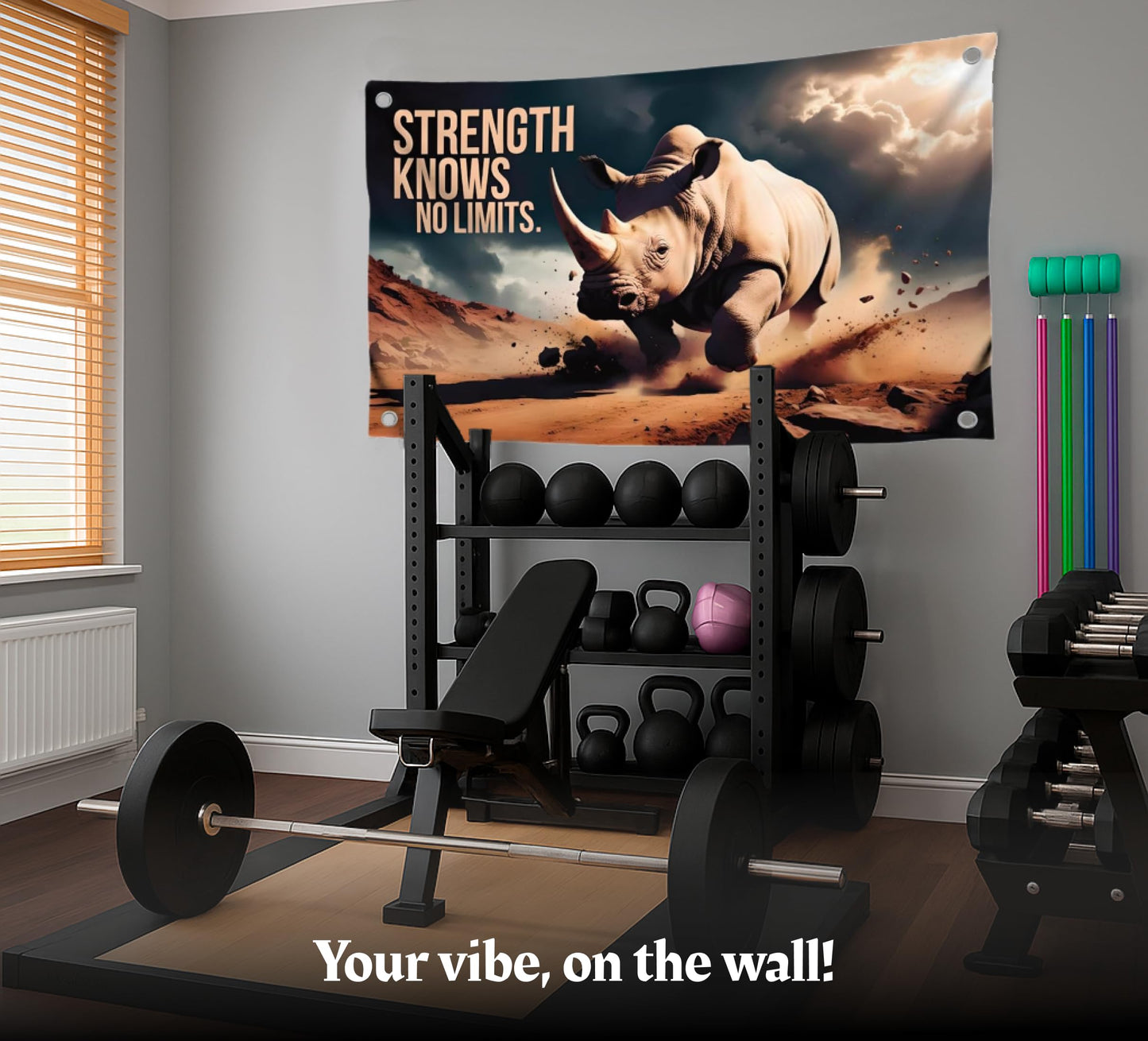 3x5 Feet Motivation Quote Polyester Flag "Strength Knows No Limit" with Four Brass Grommets - Rhinoceros Inspirational Banner for Men and Women - Motivational Gym Banner for Wall Decoration
