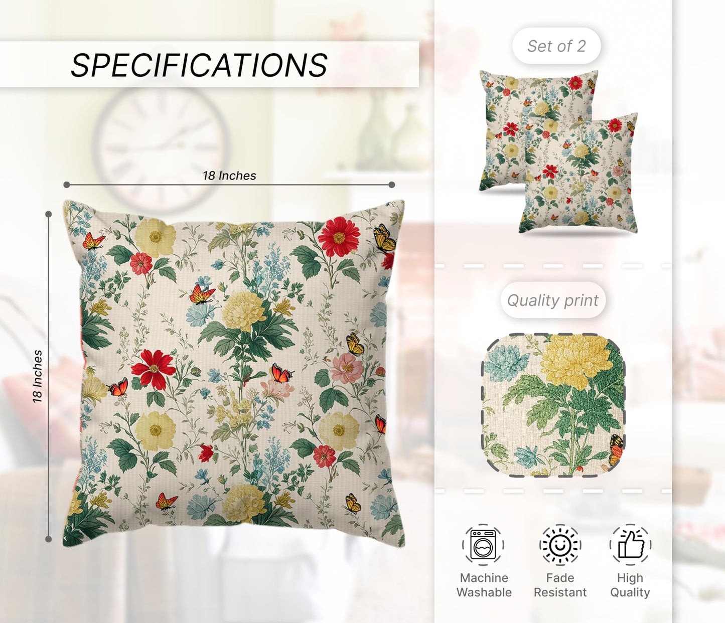 Set of 2 Decorative Throw Spring Pillow Covers 18x18 Inches - Sage Green Wild Flower Plant Throw Pillows Case - Seasonal Floral Decorative Square in Linen - Farmhouse Decor Cushion Covers for Home
