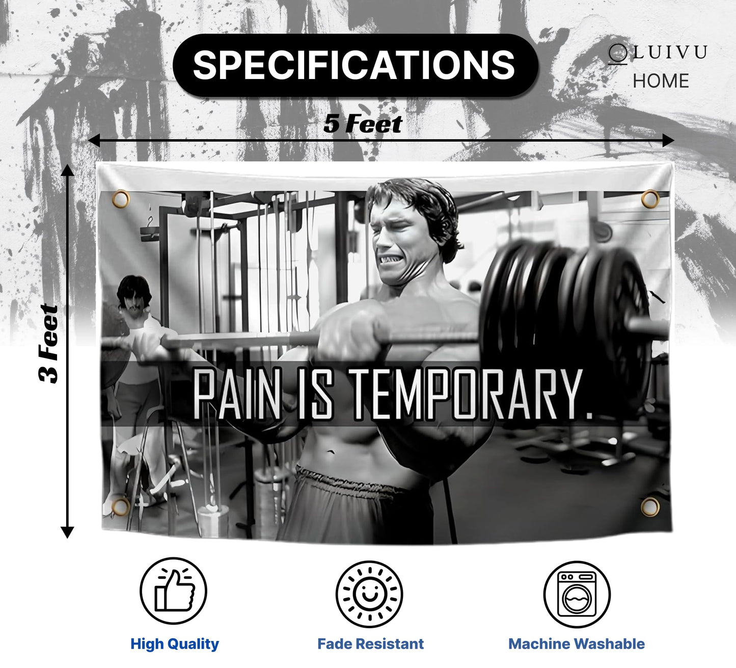 3x5 Ft Schwarzenegger Polyester Flag with 4 Grommets - Pain is Temporary Motivational Gym Single Sided Flags - Inspire Your Workout Banner - Fitness Wall Decor for Gym - Stay Motivated Cool Art