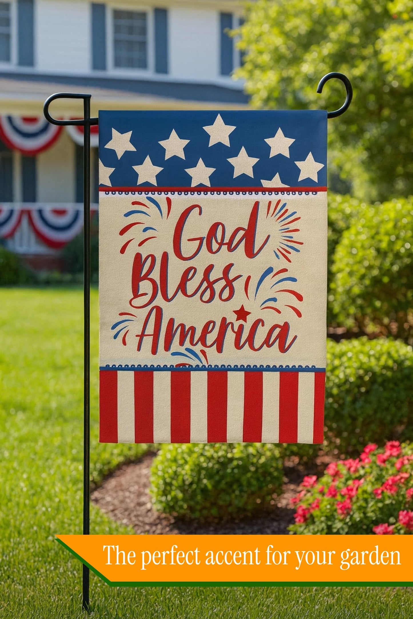 Double Sided Summer Garden Flag - God Bless America House Flags - Seasonal Large Outdoor Yard Flags of Burlap - Patriotic Flag Decorations for Home - Outdoor Decorative Banners for Yard
