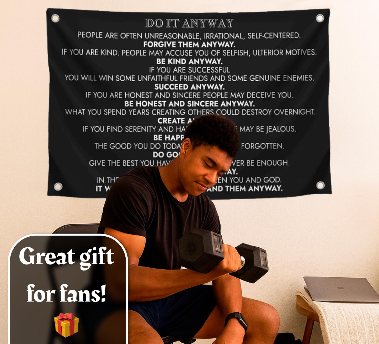 3x5 Ft Inspirational Quote Polyester Flag Do It Anyway with Four Brass Grommets - Black Office Wall Decor - Motivational Do It Banner for Home or Gym - Inspirational Quotes Entrepreneur Wall Poster