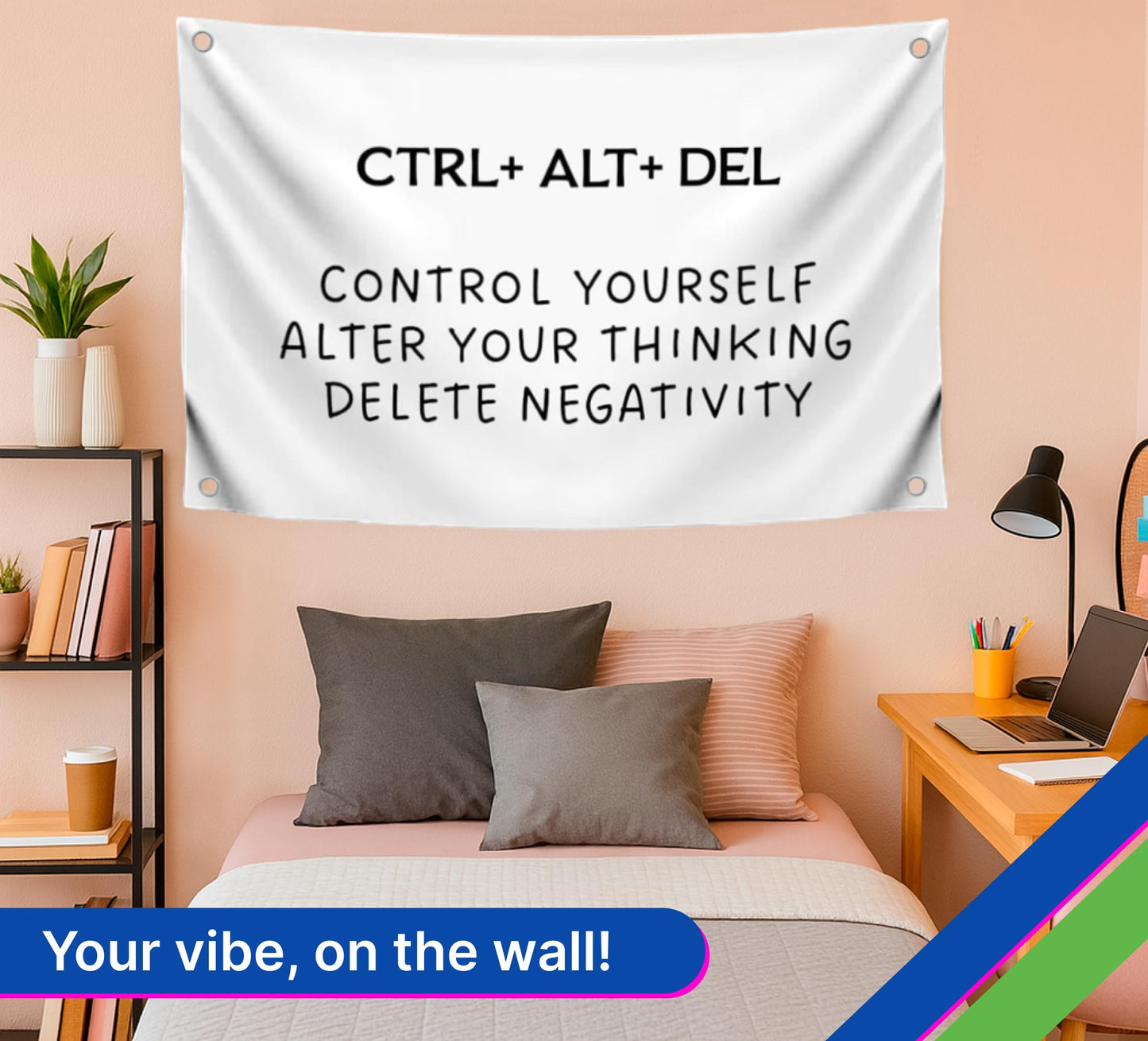 3x5 Ft Office Wall Single Sided Flag "Control Yourself Alter Your Thinking Delete Negativity" with 4 Grommets - Motivational Sayings Funny Quotes Wall Decor - Positive Successful Polyester Banners