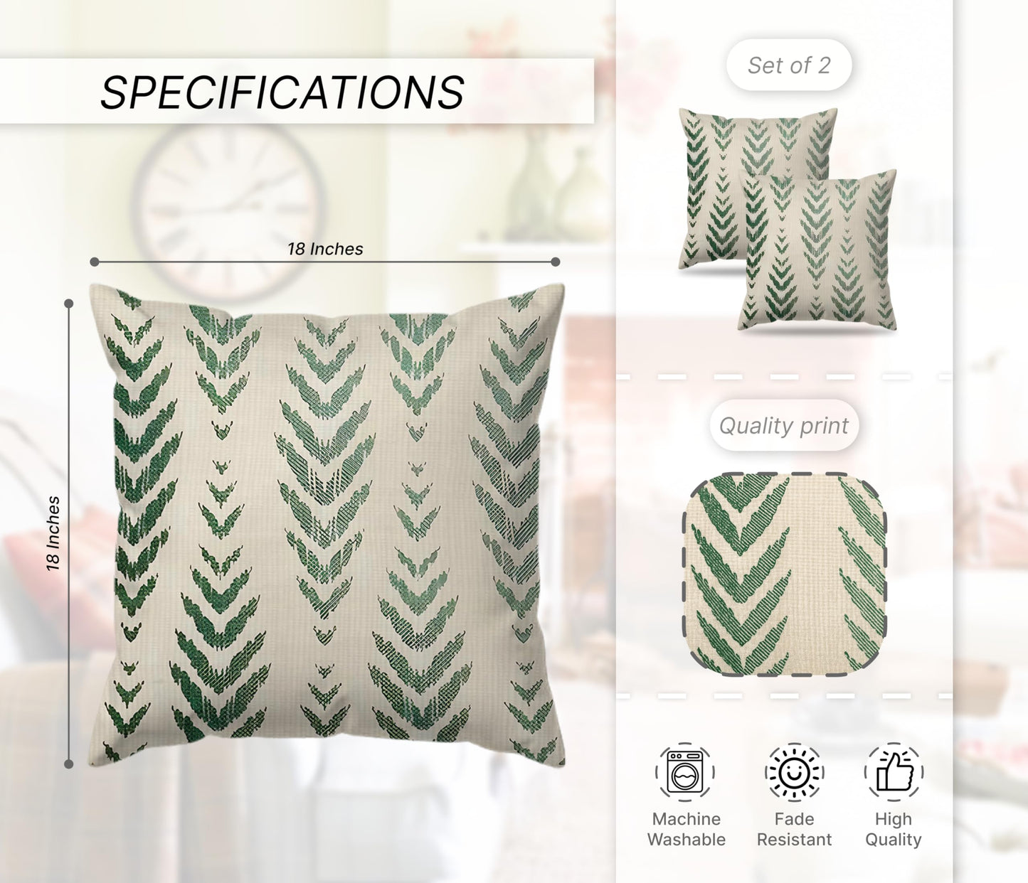 Set of 2 Decorative Throw Pillow Covers 18x18 Inches - Sage Green Boho Pillow Covers - Bohemian Ethnic Geometric Herringbone Print - Decorative Pillowcase Square in Linen for Farmhouse