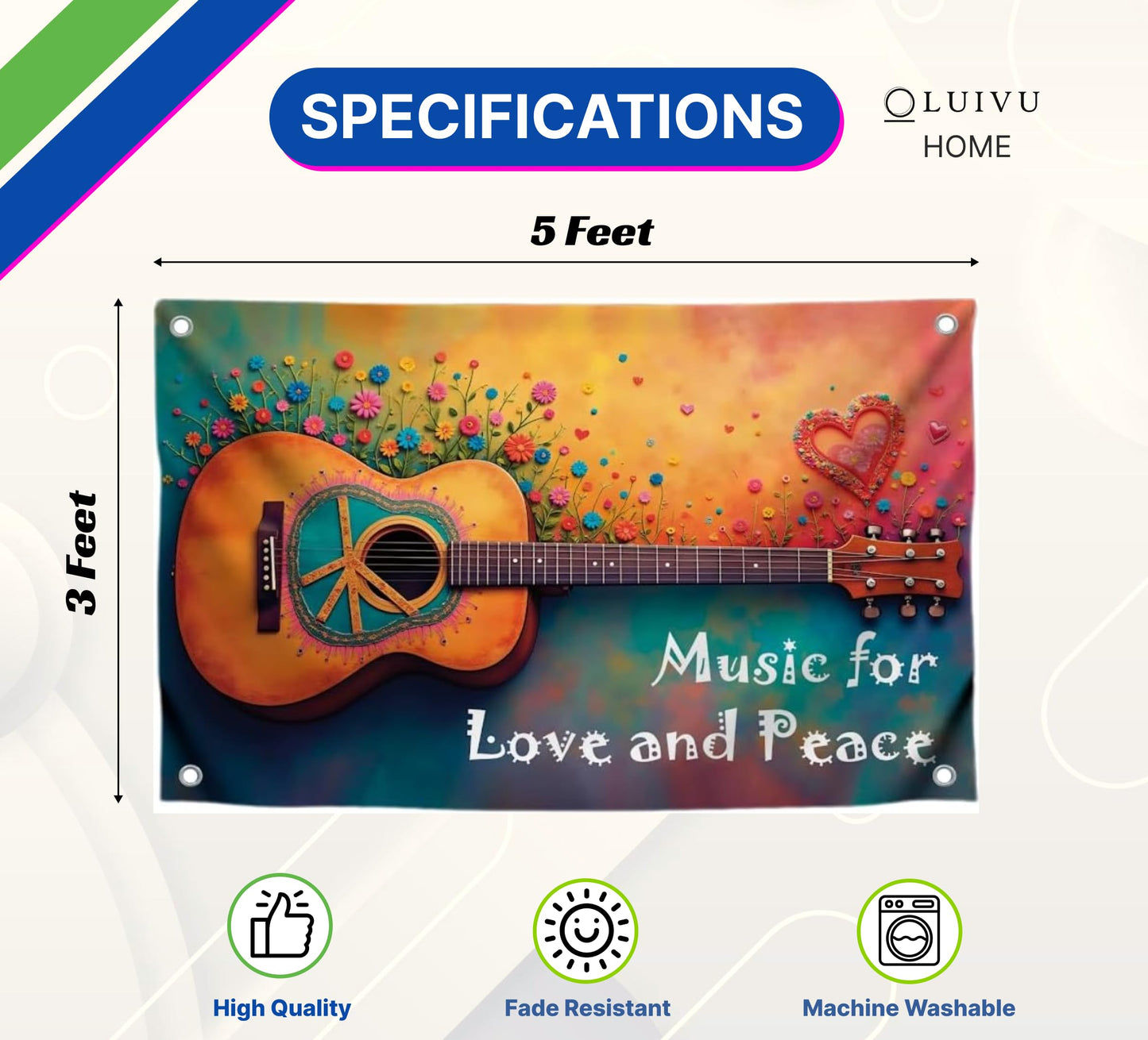 3x5 Ft Guitar Single Sided Flag "Music for Love and Peace" with 4 Brass Grommets - Musical Polyester Banner with Flower and Heart for Wall Decoration - Party Flags Man Cave Wall Flag for College Dorm