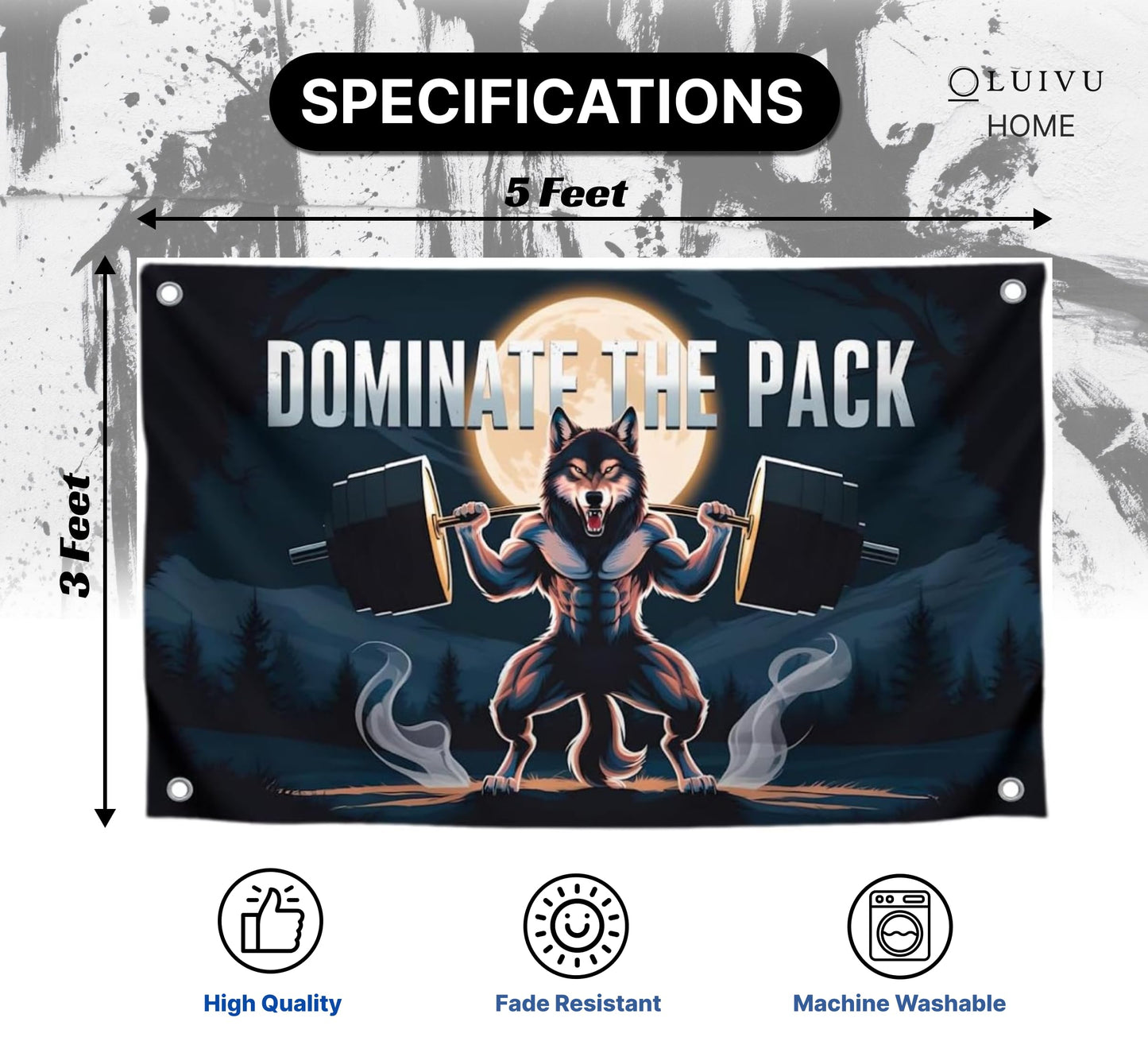 3x5 Feet Motivation Wolf Flag "Dominate The Pack" with Four Brass Grommets - Inspirational Banner with Cool Motivation - Motivational Gym Banner for Wall Decoration - Polyester Decor for Gym