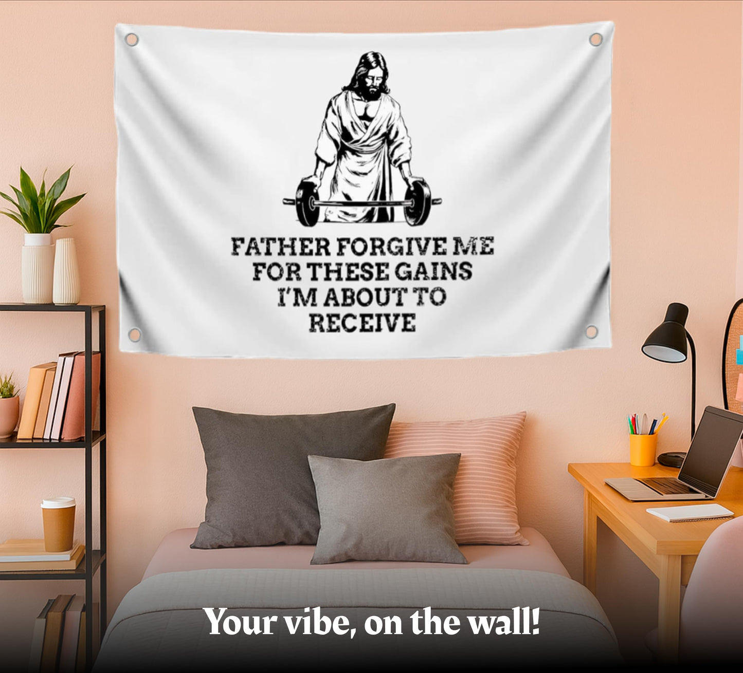 3x5 Ft Jesus Quote Polyester Flag "Father Forgive Me For These Gains I’m About To Receive" with 4 Grommets - Motivational Christian Wall Single Sided Banner - Cool Jesus Flags for Decor Boys Room