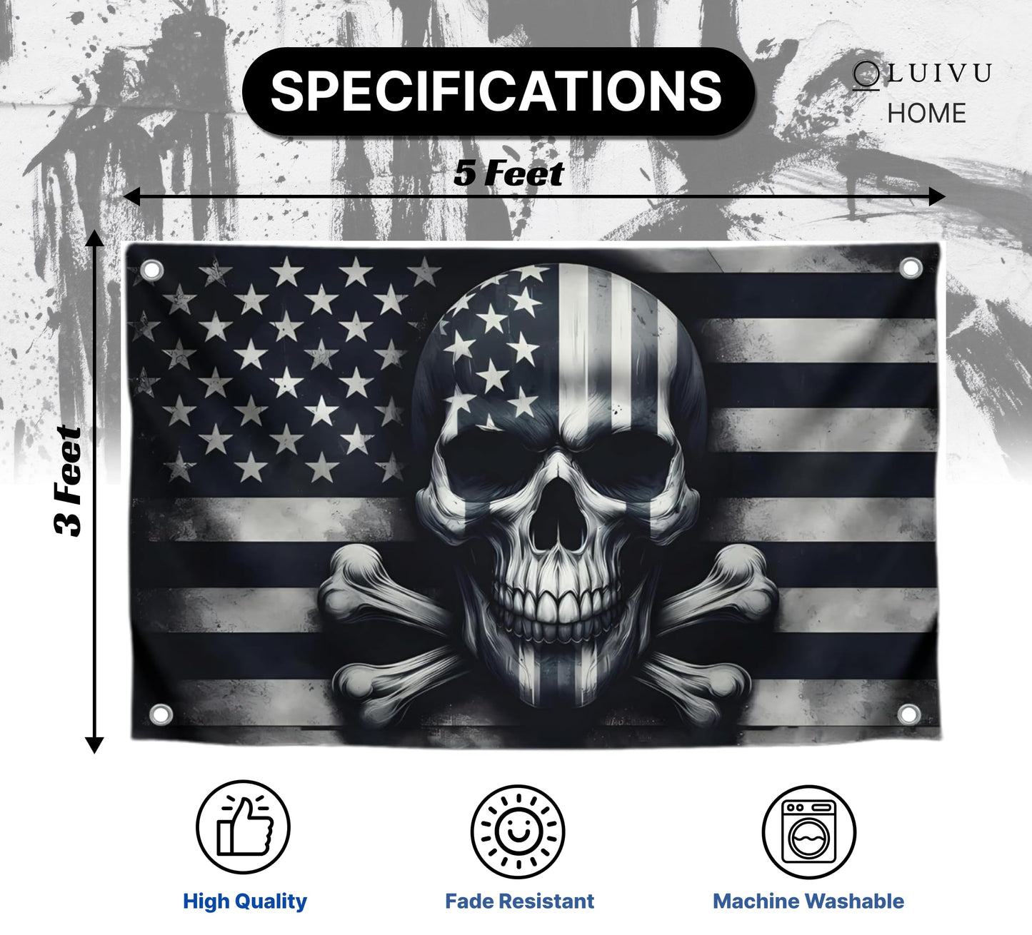 3x5 Feet Skull And Crossbones Polyester Flag with 4 Brass Grommets - Funny American Pirate Banner For Man Cave - Black and White Grey American Single Sided Flags - Pirate Flag or Black Boat Flags