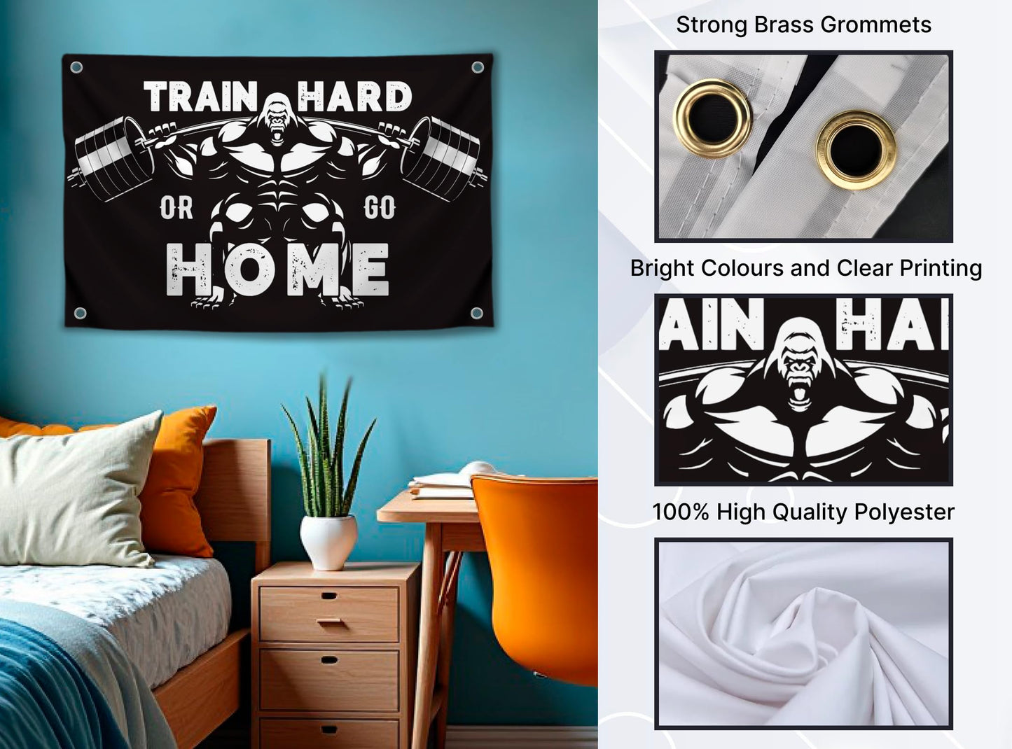 Set of 4 Motivation Gym 3x5 Polyester Flags with Four Brass Grommets - Inspire Your Workout with Single Sided Banner - Home Gym Decor for Room Guys and Man - Stay Motivated with Cool Motivation Art