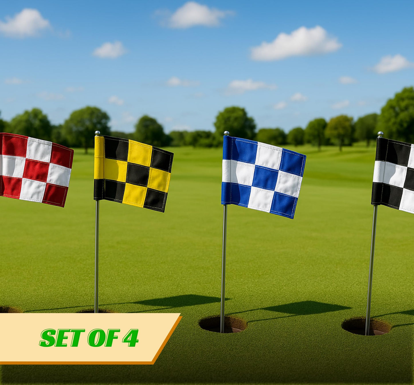 Set of 4 Double Sided 8x6 Inches Checkered Golf Polyester Flag - Mini Practice Putting Green Flags for Yard in 420D Nylon - Small Banner Checkered